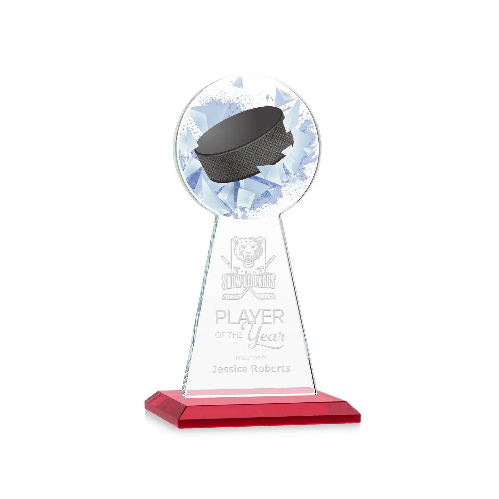 Personalized Starfire Crystal Award With Hockey Puck-Shaped Peak for dealer and partner awards