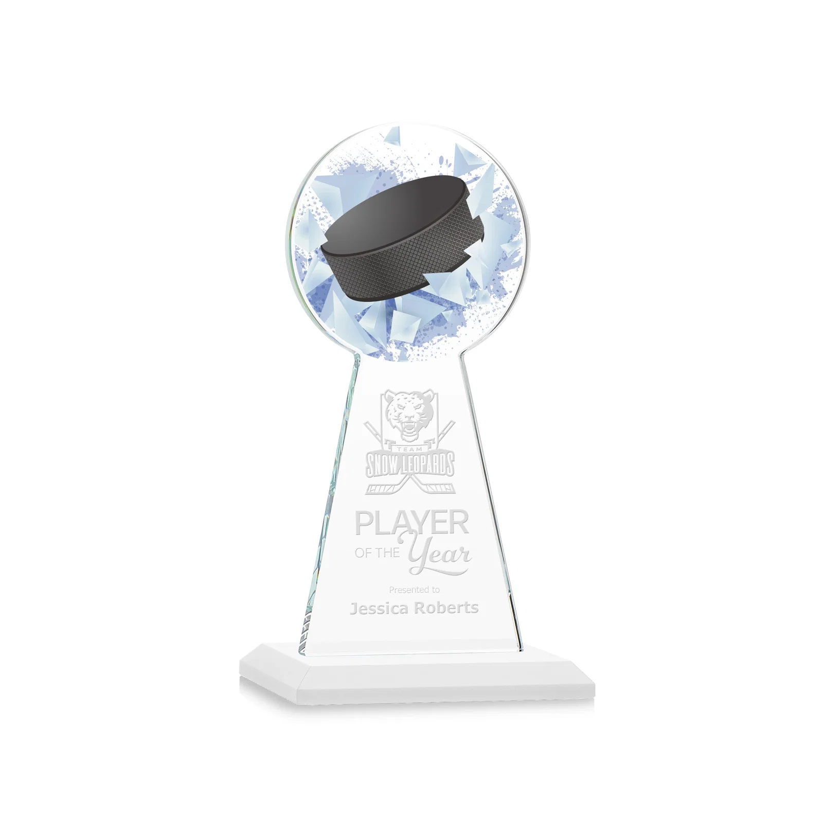 Promotional Starfire Crystal Award With Hockey Puck-Shaped Peak for donor appreciation
