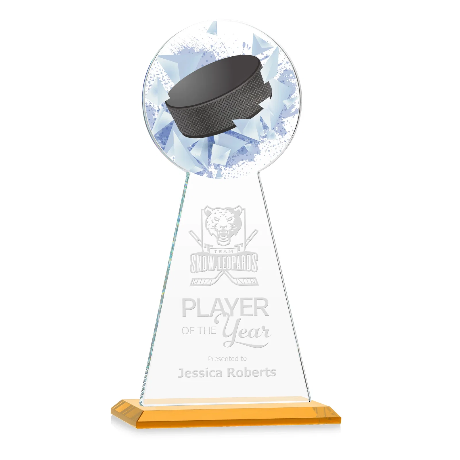 Custom Starfire Crystal Award With Hockey Puck-Shaped Peak for sales achievement awards