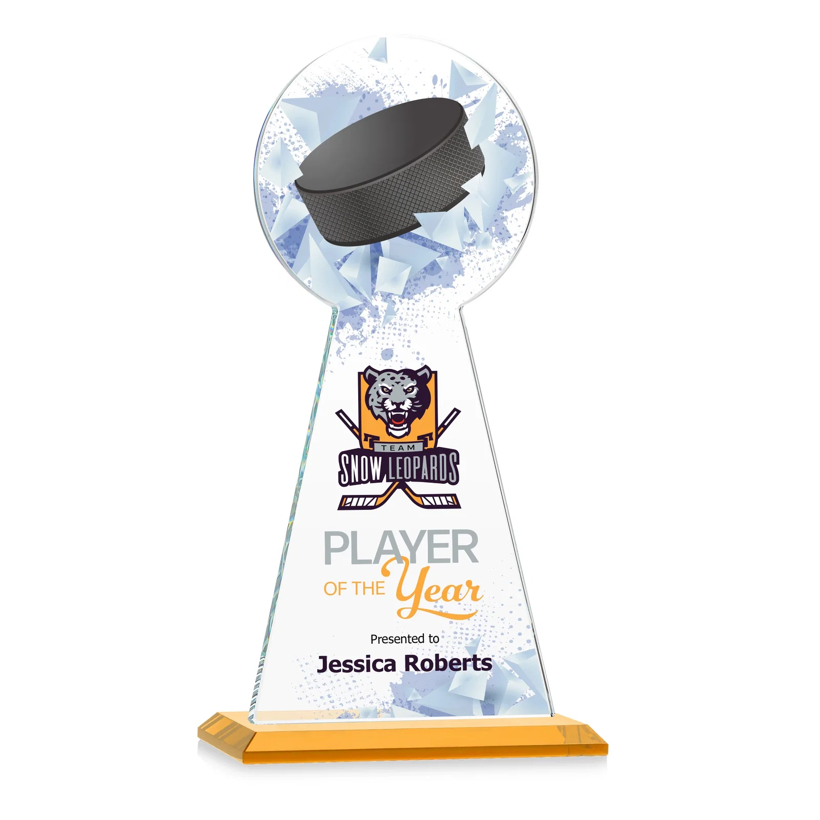 Branded Starfire Crystal Award With Hockey Puck-Shaped Peak for employee recognition