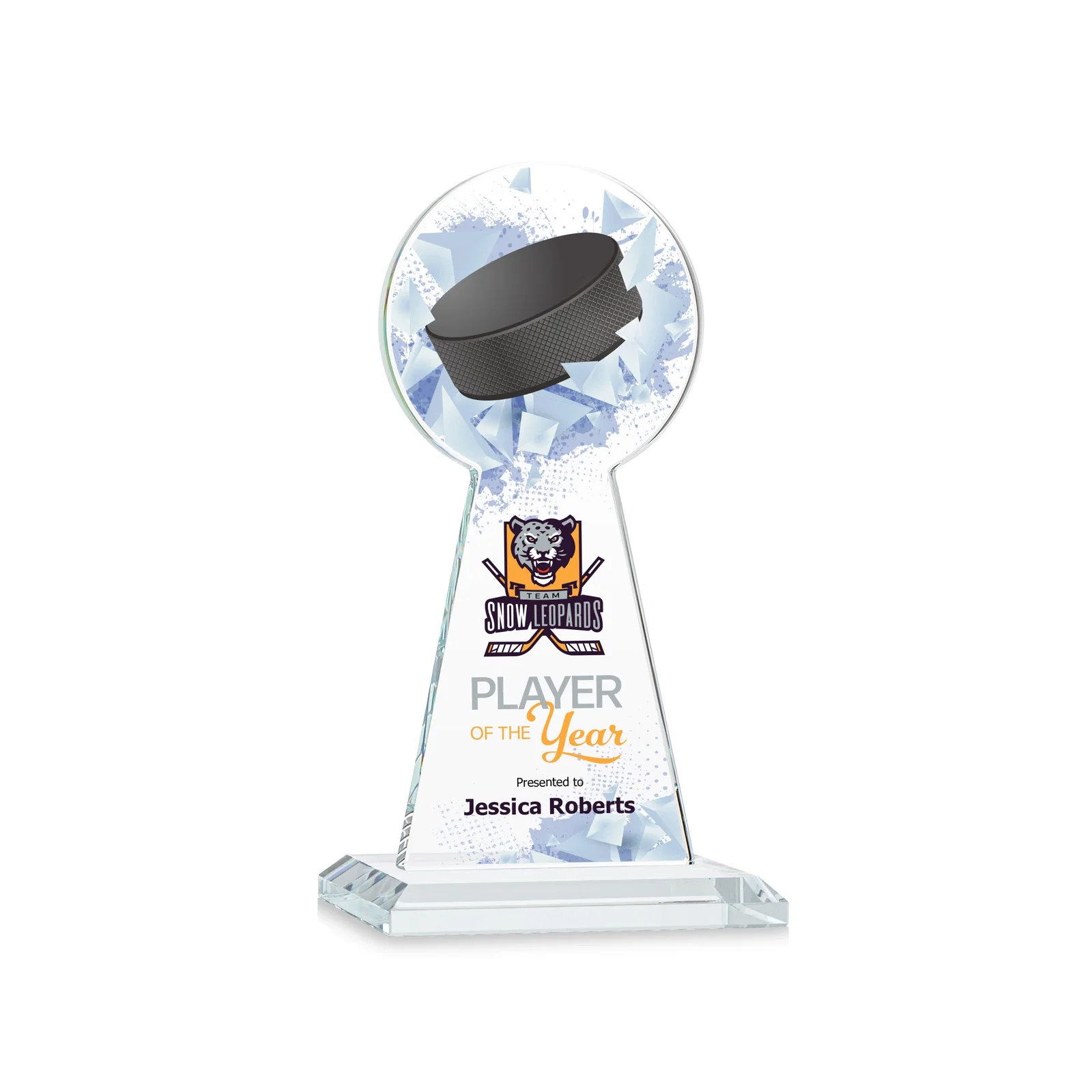 Branded Starfire Crystal Award With Hockey Puck-Shaped Peak for service anniversary gifts