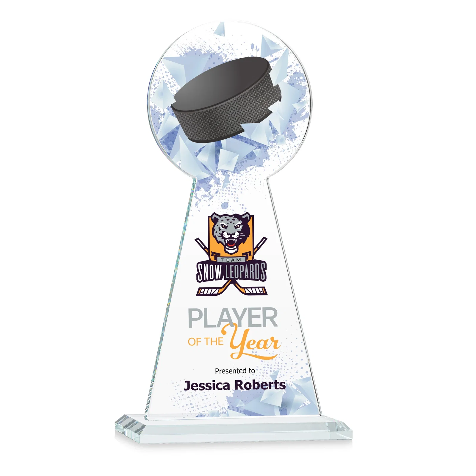 Branded Starfire Crystal Award With Hockey Puck-Shaped Peak for retirement presentations