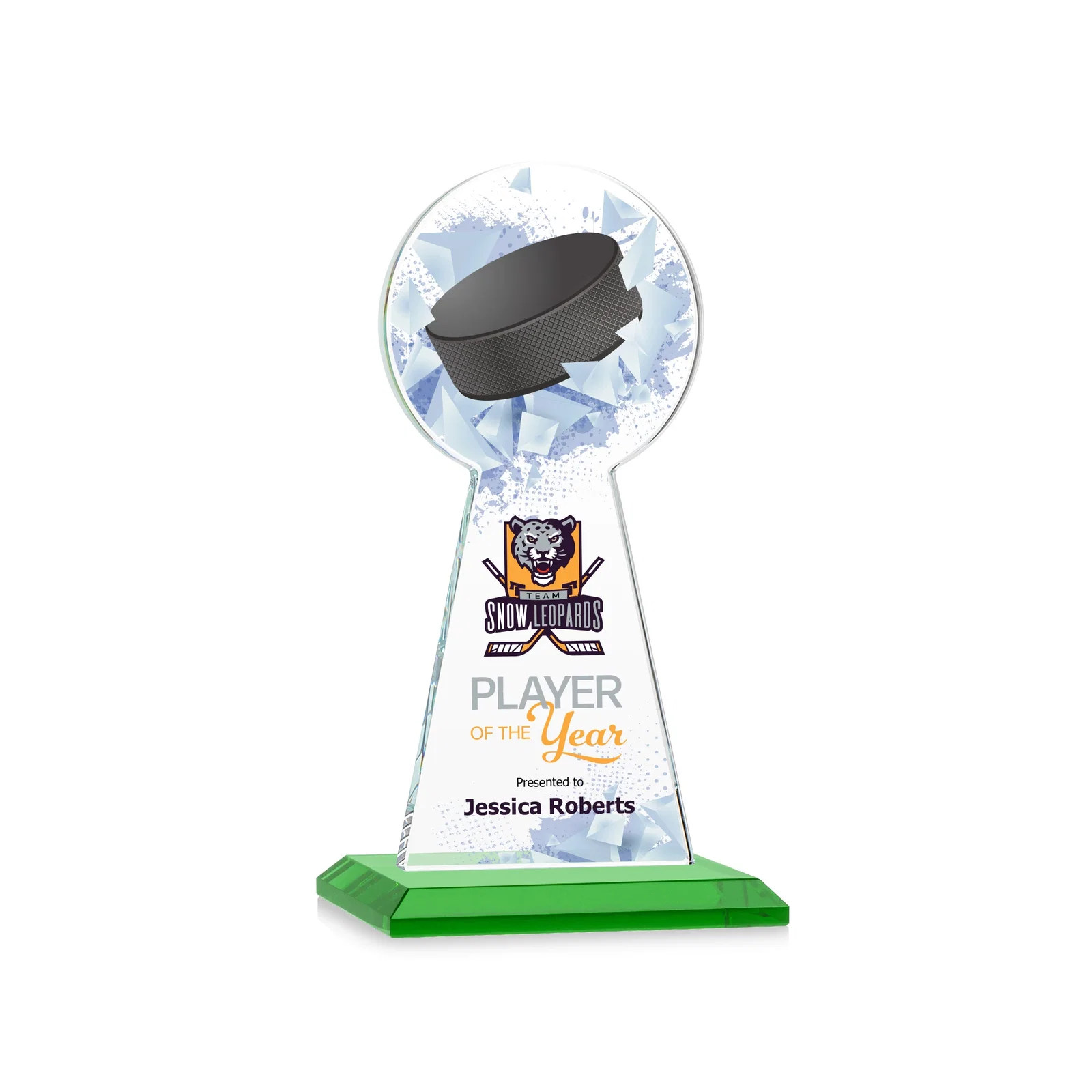 Branded Starfire Crystal Award With Hockey Puck-Shaped Peak for donor appreciation