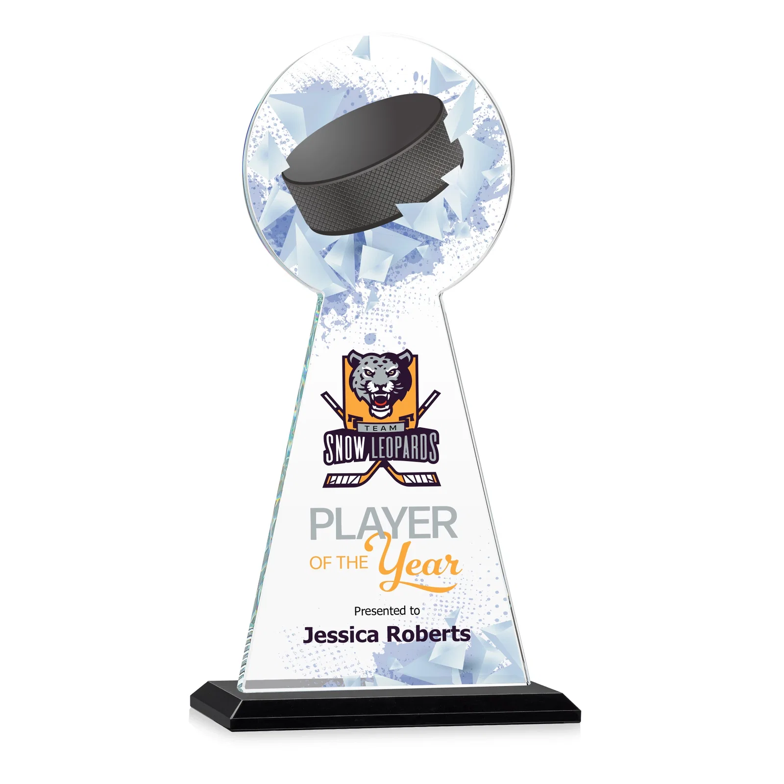 Custom printed Starfire Crystal Award With Hockey Puck-Shaped Peak for employee recognition