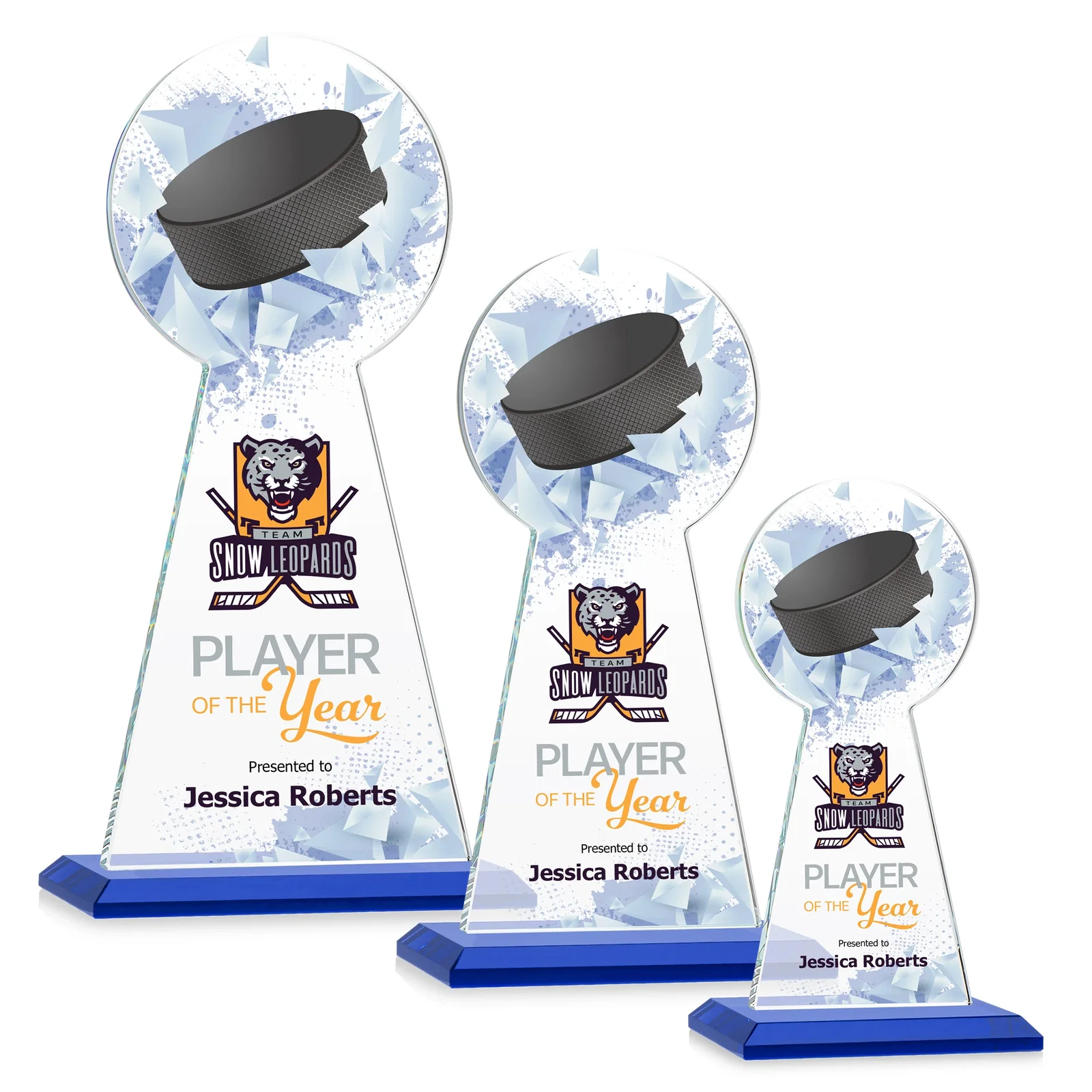 Custom printed Starfire Crystal Award With Hockey Puck-Shaped Peak for corporate award ceremonies