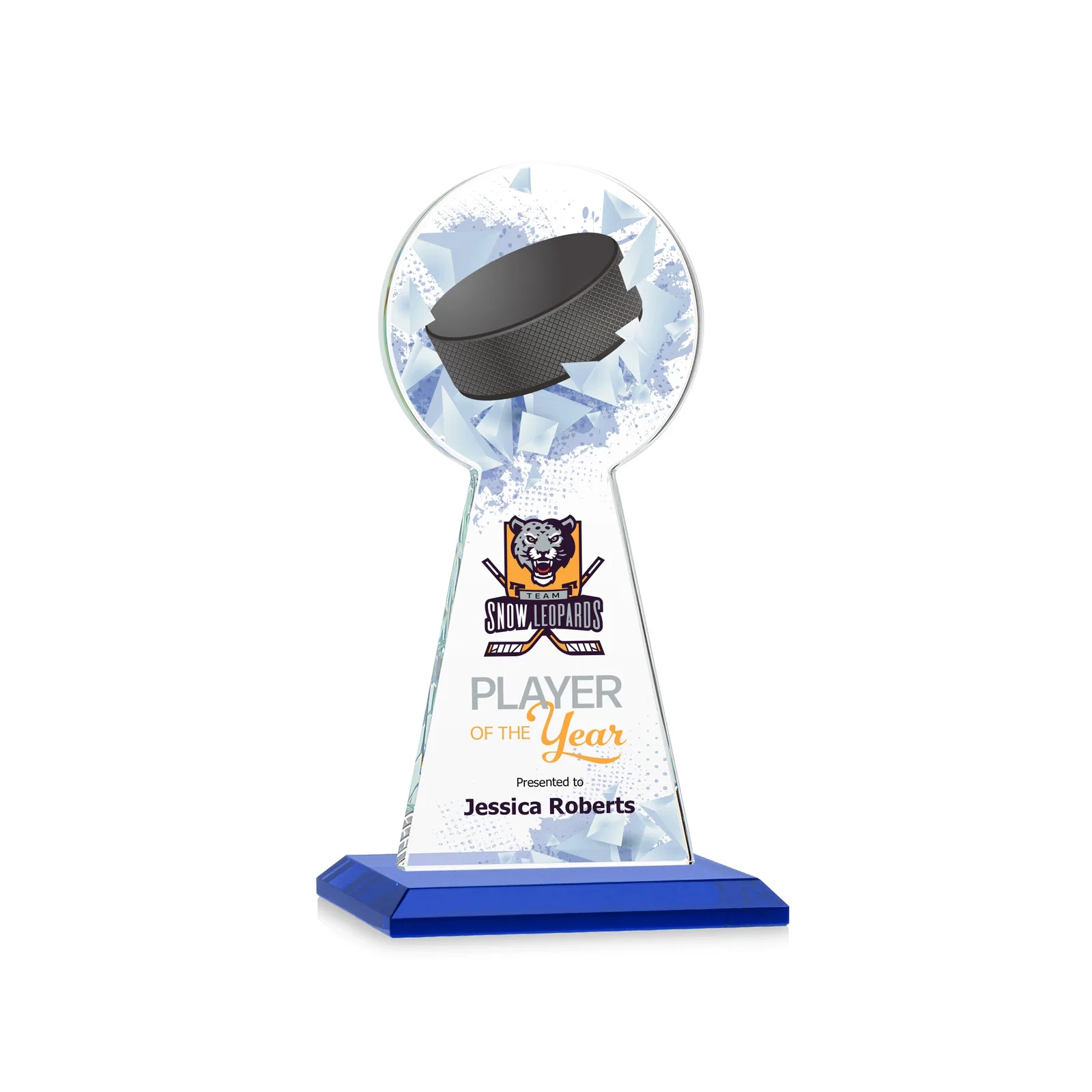 Custom printed Starfire Crystal Award With Hockey Puck-Shaped Peak for service anniversary gifts