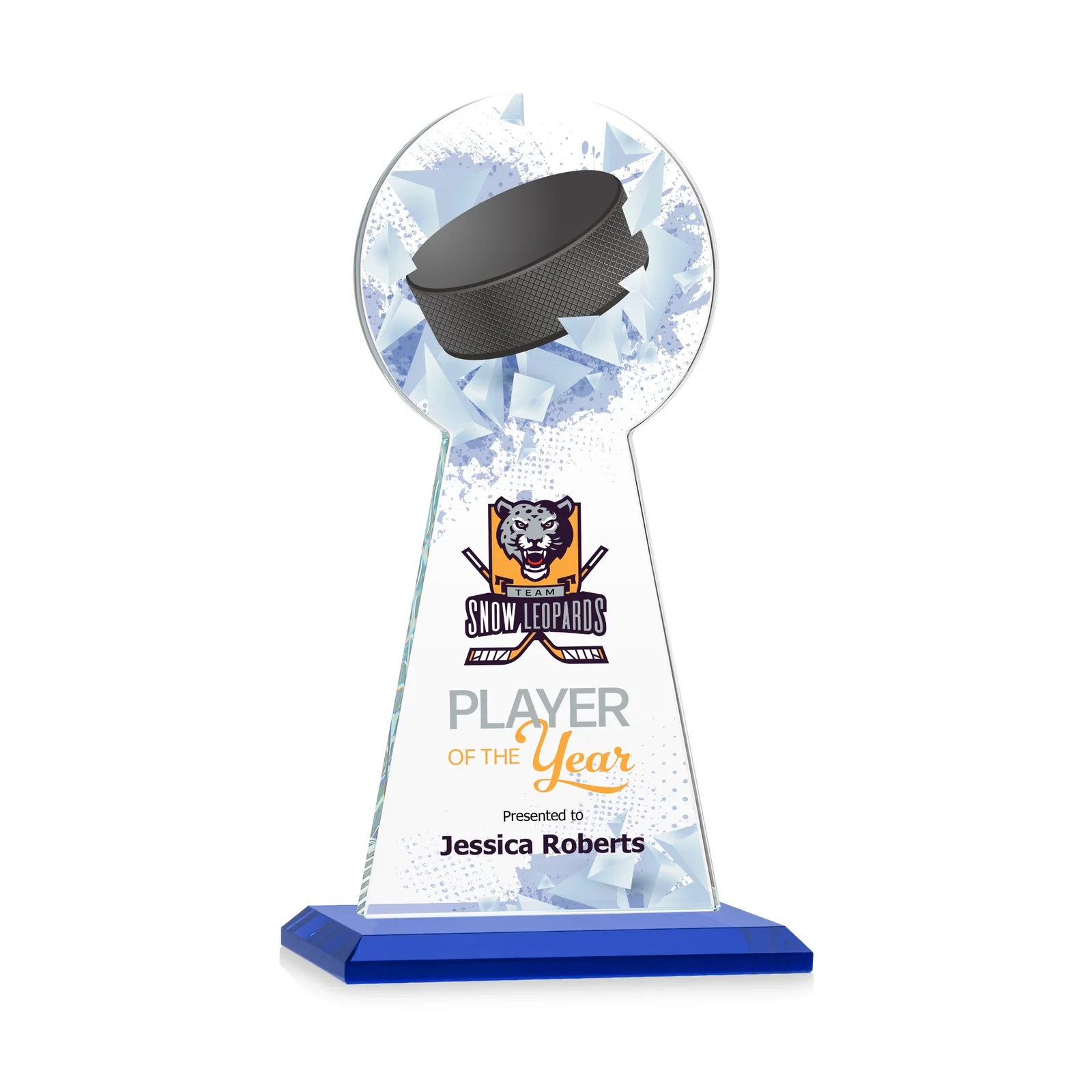 Custom printed Starfire Crystal Award With Hockey Puck-Shaped Peak for sales achievement awards