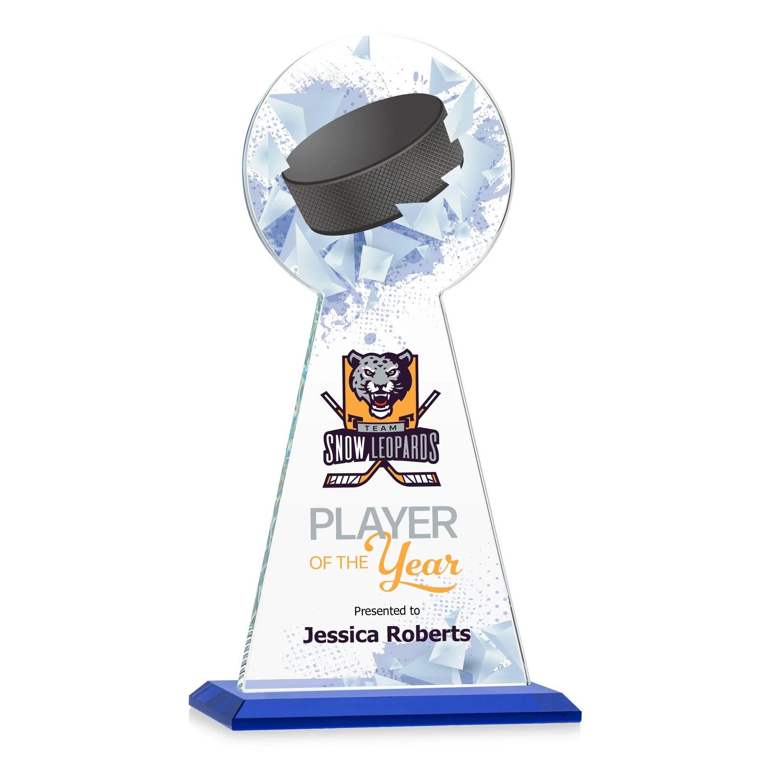 Custom printed Starfire Crystal Award With Hockey Puck-Shaped Peak for retirement presentations