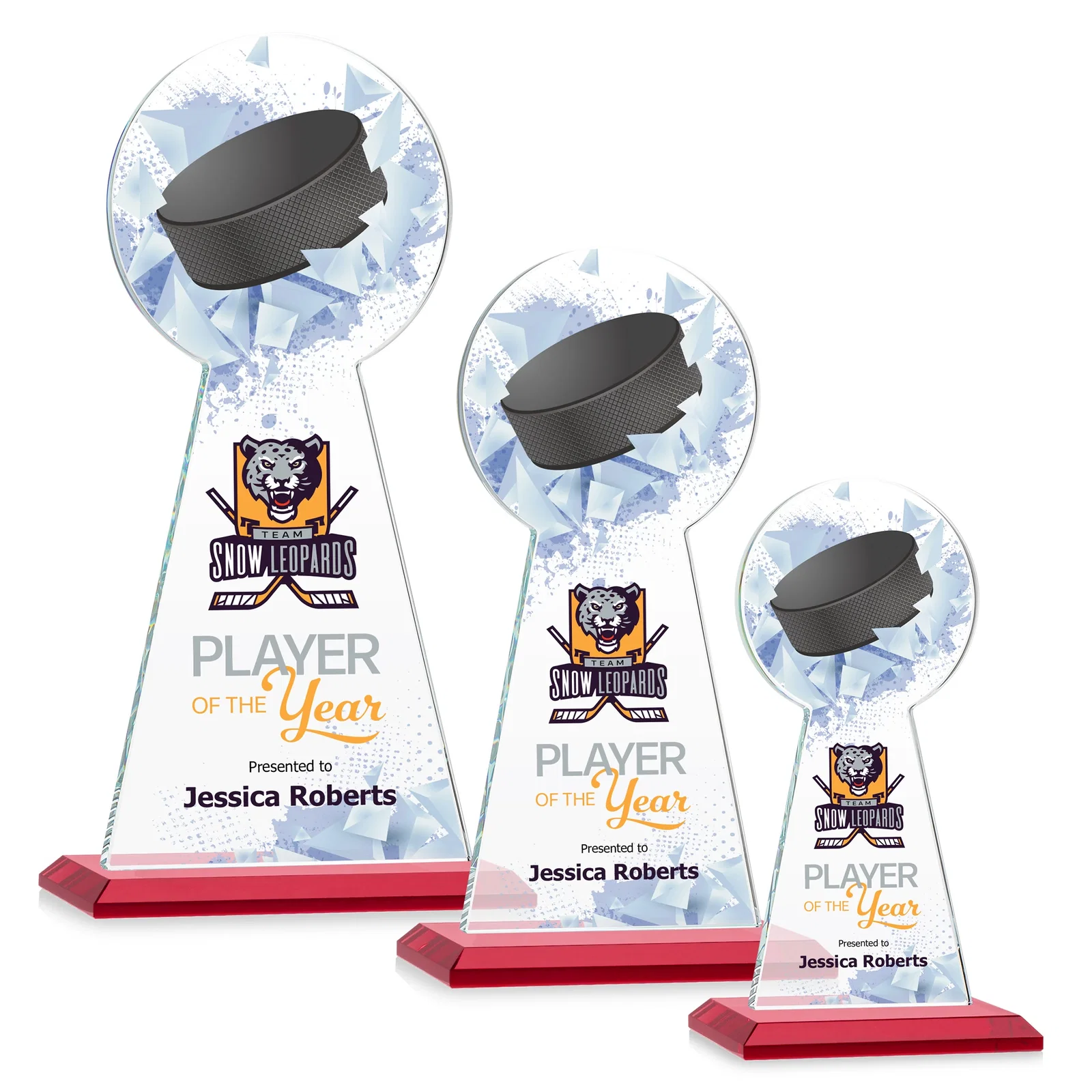 Custom printed Starfire Crystal Award With Hockey Puck-Shaped Peak for team milestone celebrations