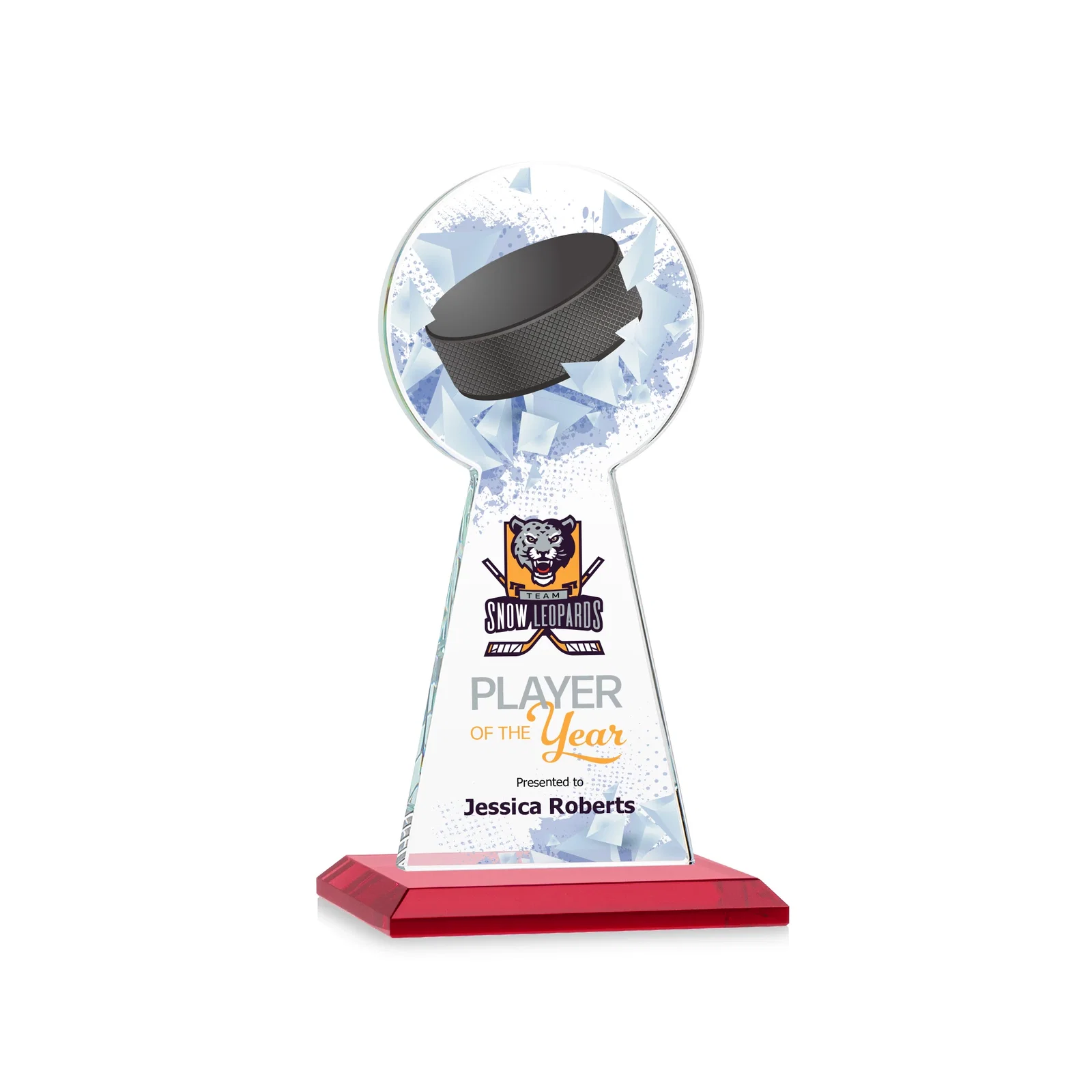Custom printed Starfire Crystal Award With Hockey Puck-Shaped Peak for donor appreciation