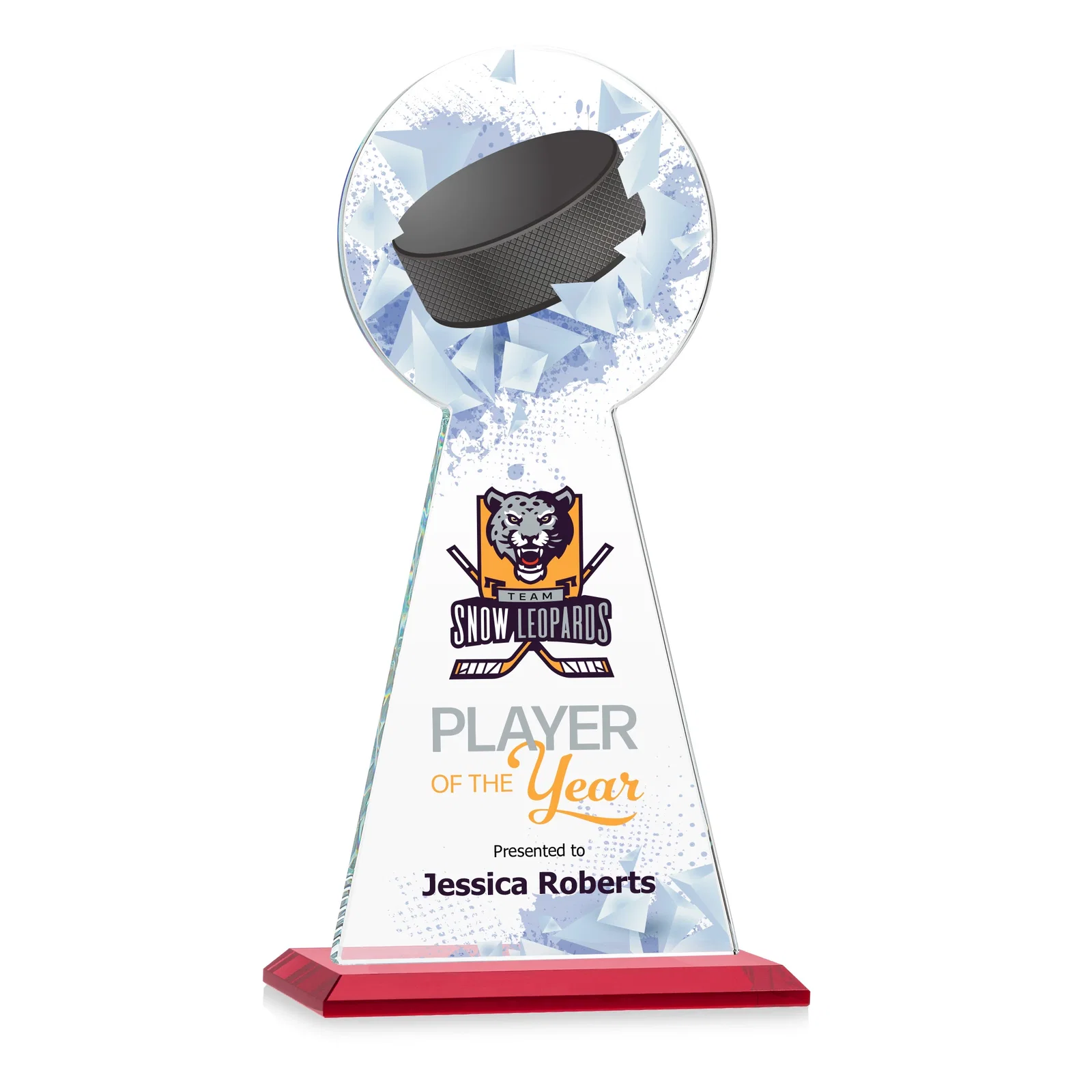 Custom printed Starfire Crystal Award With Hockey Puck-Shaped Peak for safety achievement programs