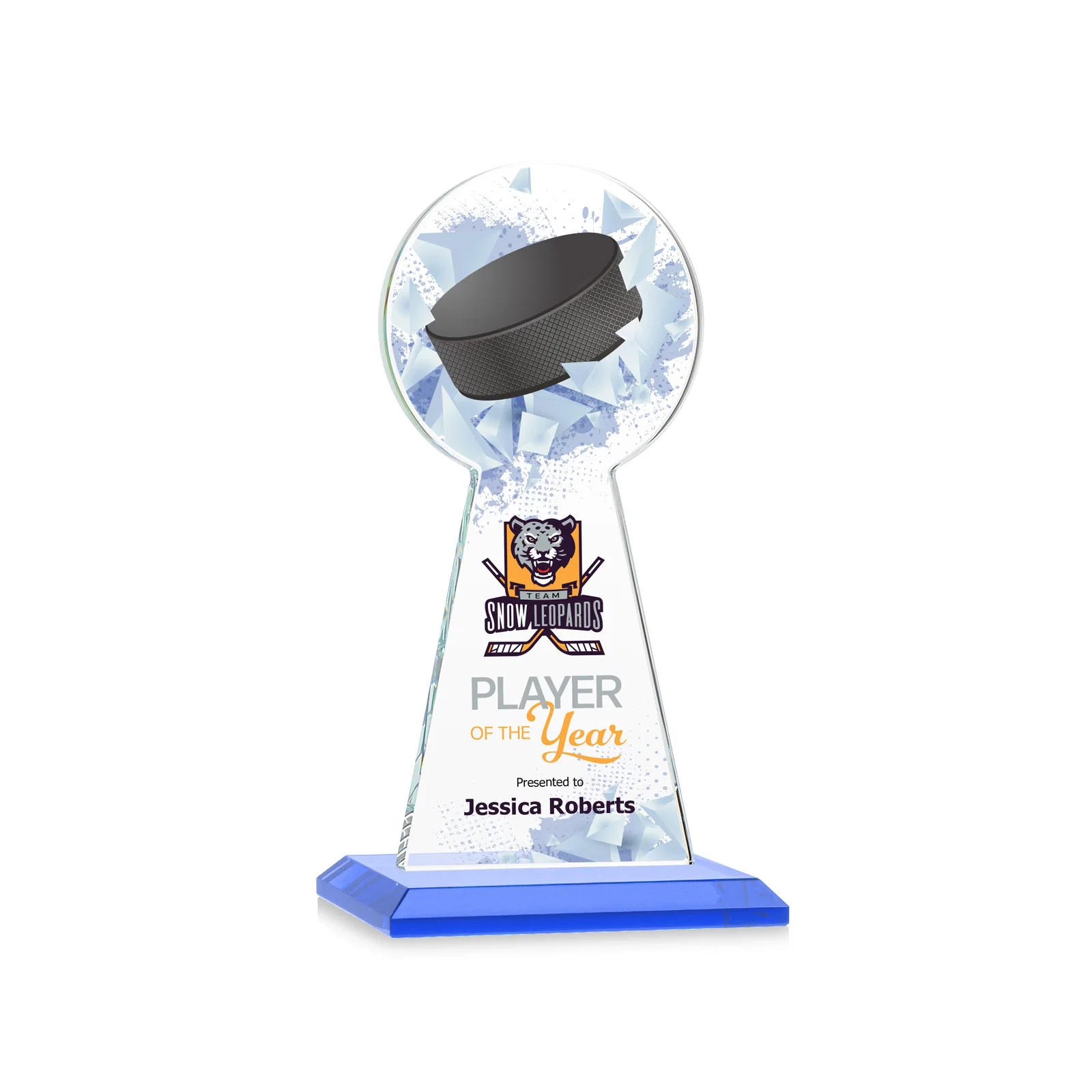 Custom printed Starfire Crystal Award With Hockey Puck-Shaped Peak for dealer and partner awards