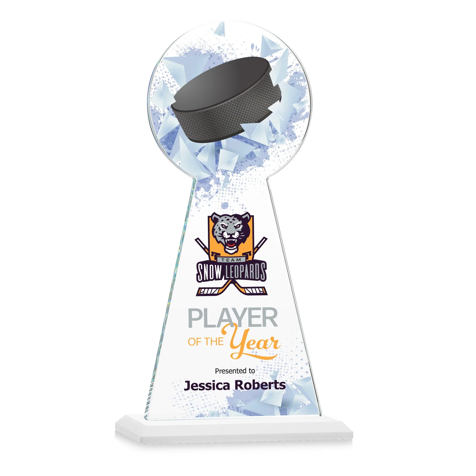 Customized Starfire Crystal Award With Hockey Puck-Shaped Peak for retirement presentations