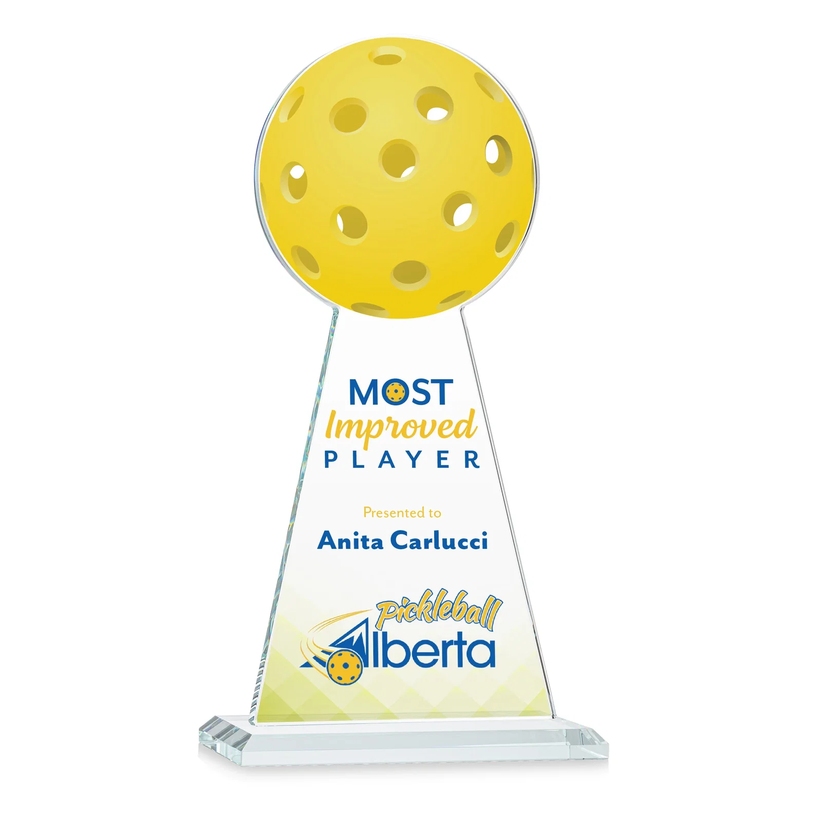 Branded Starfire Crystal Award With Pickleball-Shaped Peak for retirement presentations