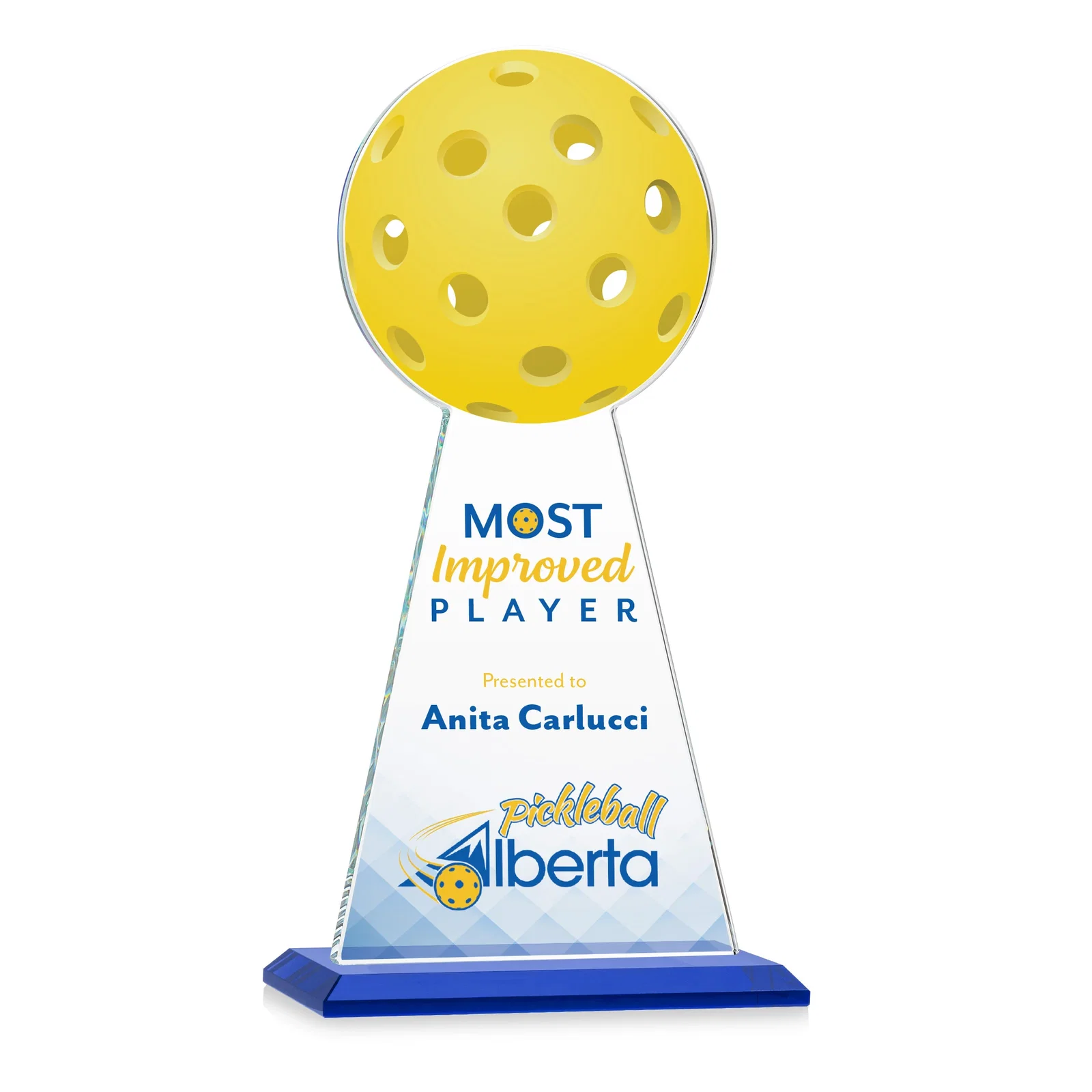 Custom printed Starfire Crystal Award With Pickleball-Shaped Peak for retirement presentations