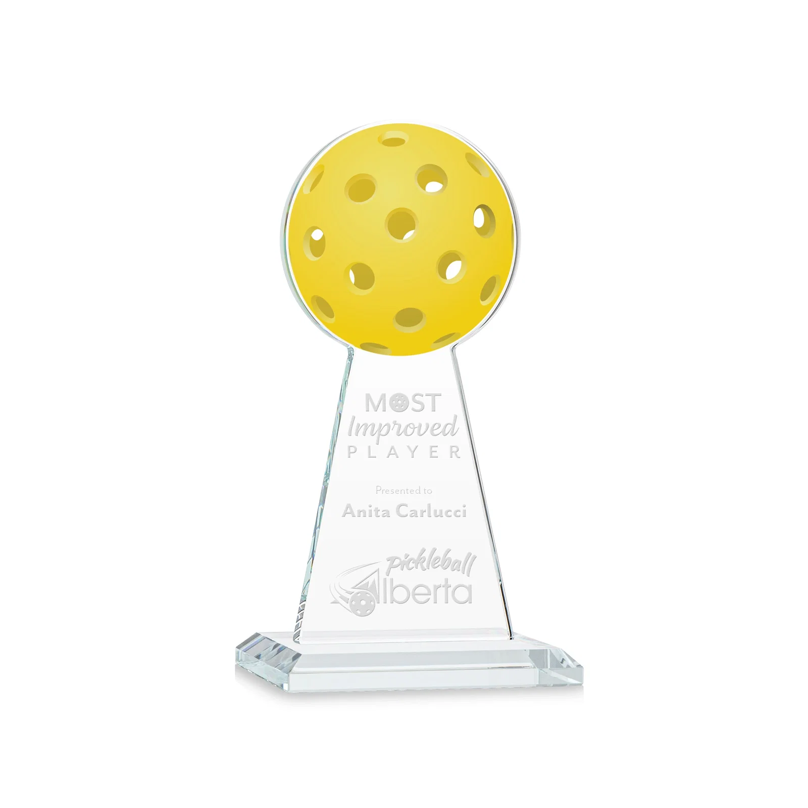 Custom Starfire Crystal Award With Pickleball-Shaped Peak for donor appreciation