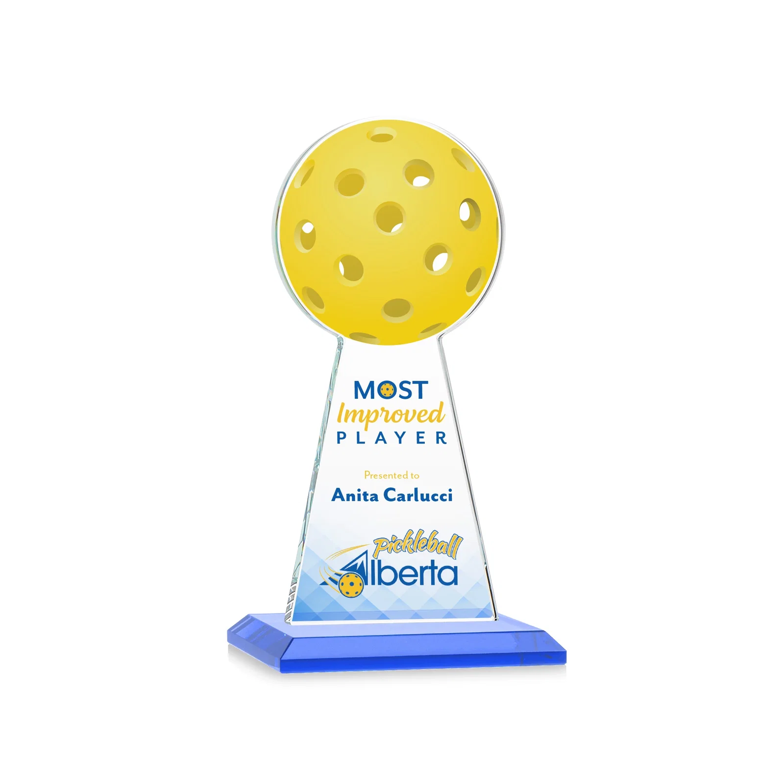Custom printed Starfire Crystal Award With Pickleball-Shaped Peak for dealer and partner awards