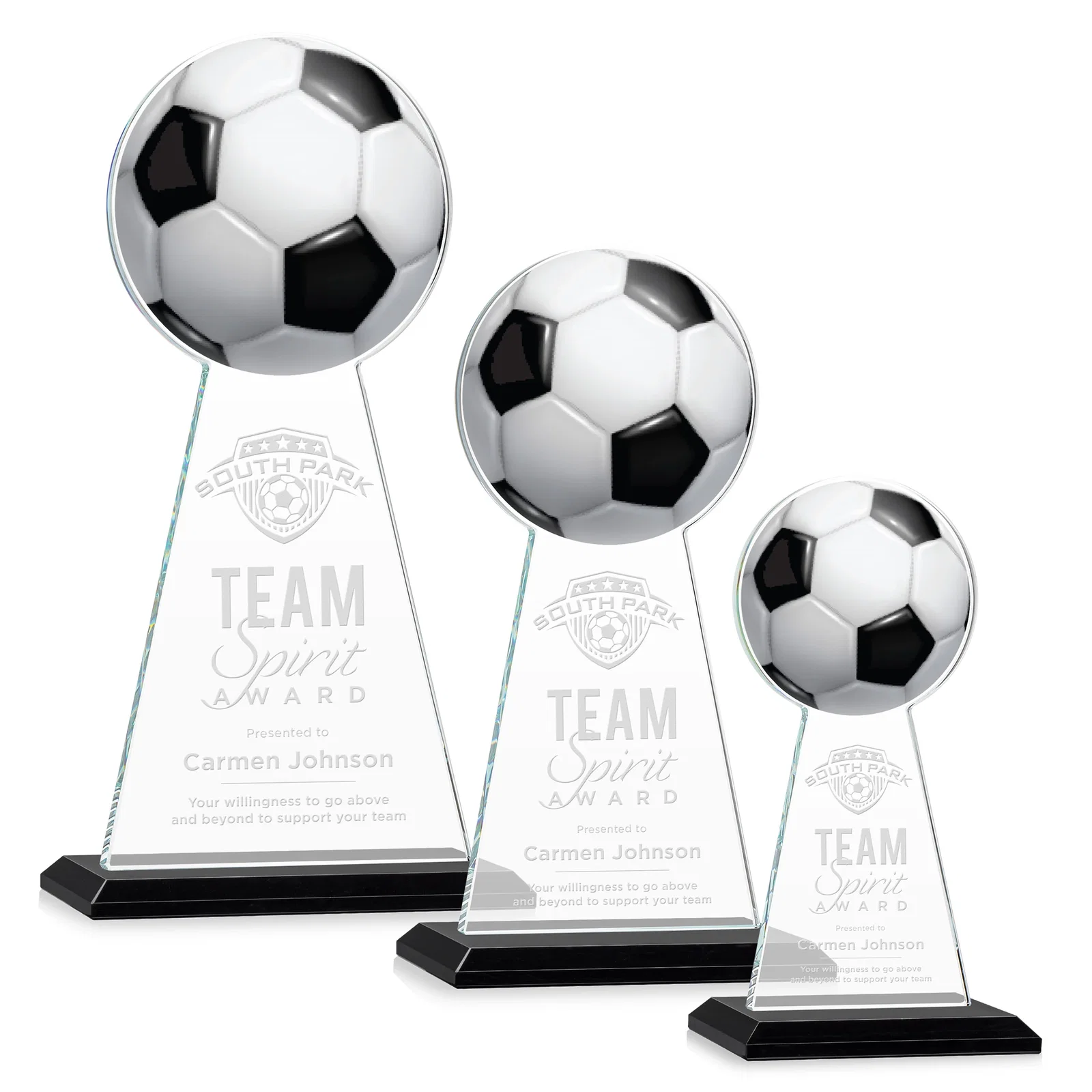 Personalized Starfire Crystal Award With Soccer Ball Peak for corporate award ceremonies