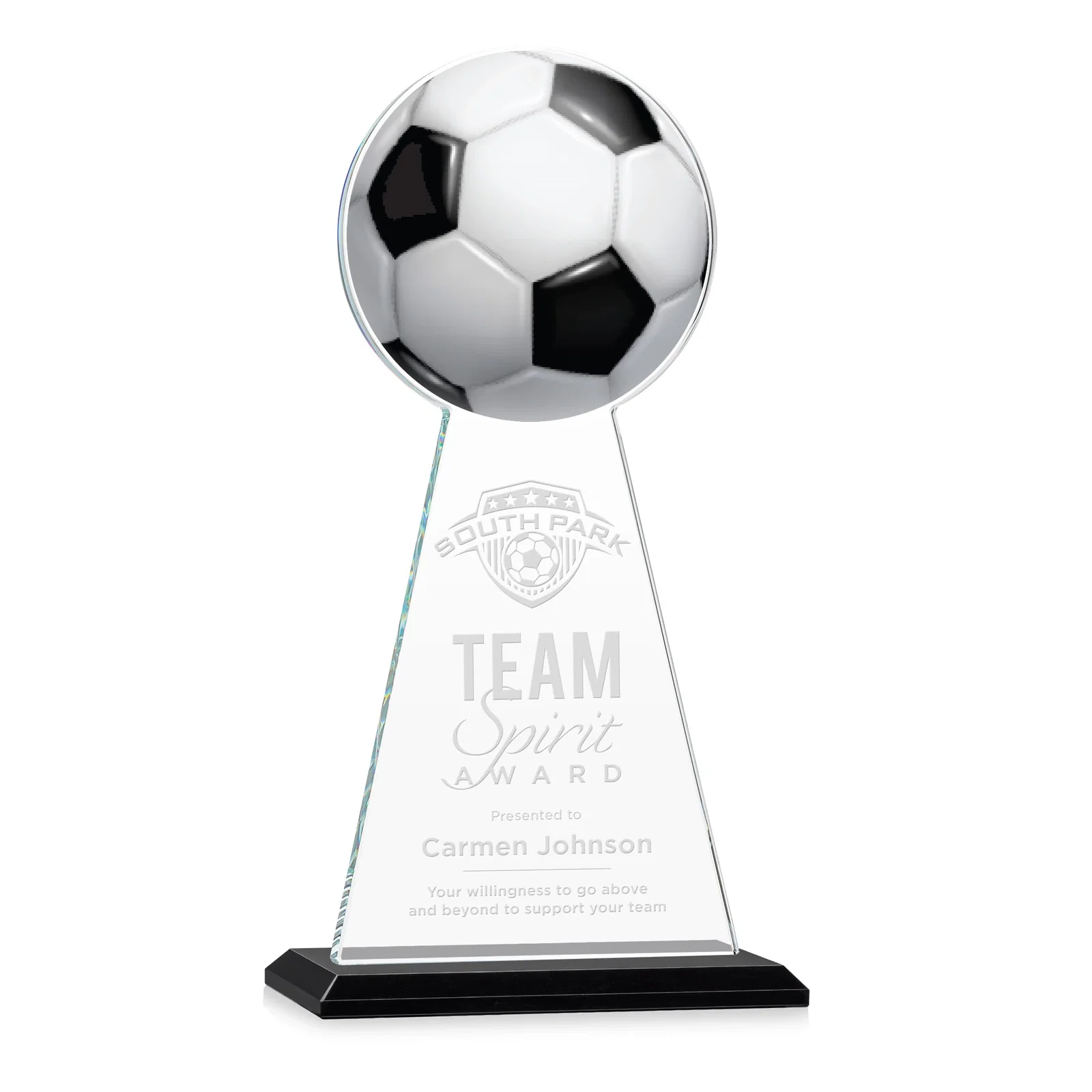Personalized Starfire Crystal Award With Soccer Ball Peak for retirement presentations
