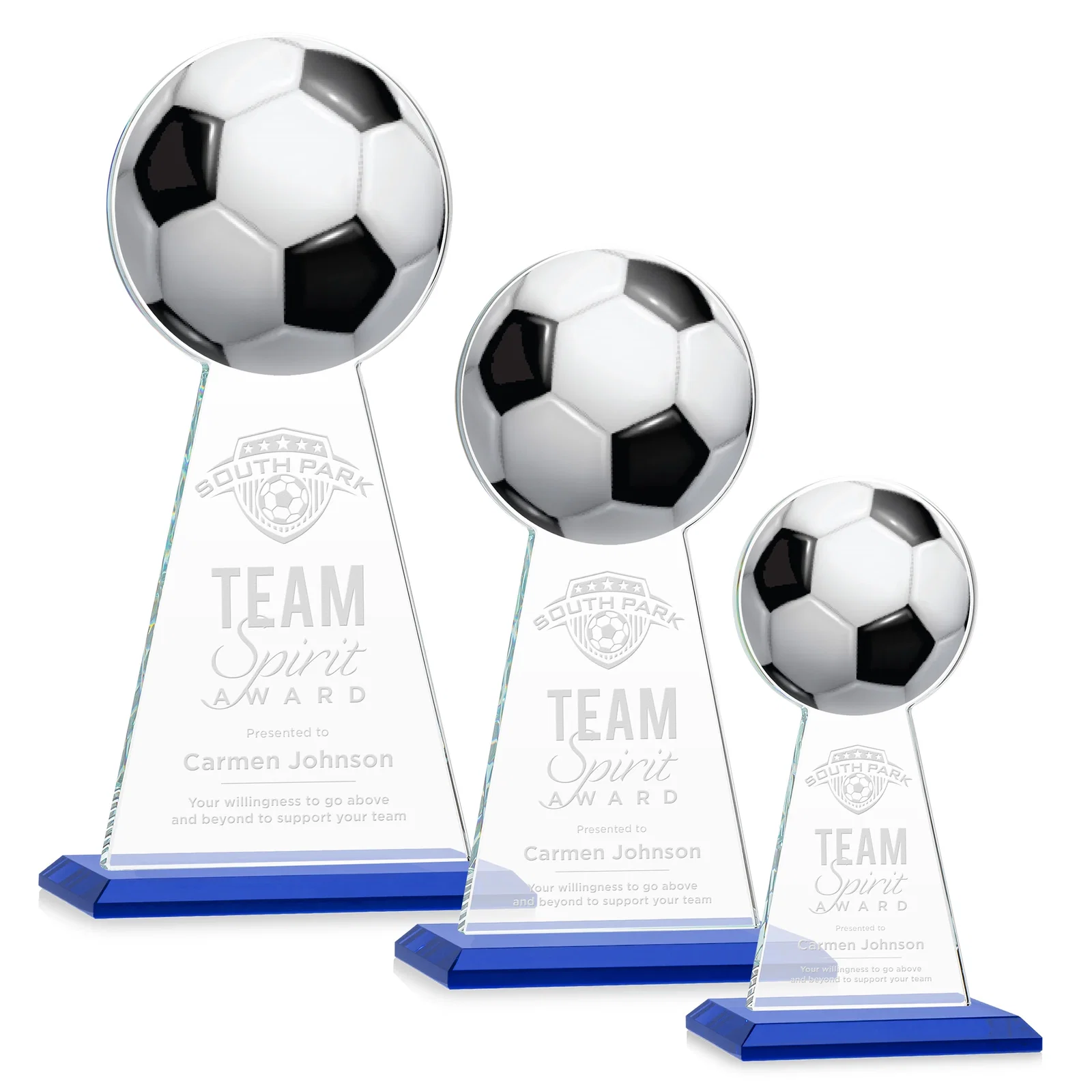 Personalized Starfire Crystal Award With Soccer Ball Peak for team milestone celebrations