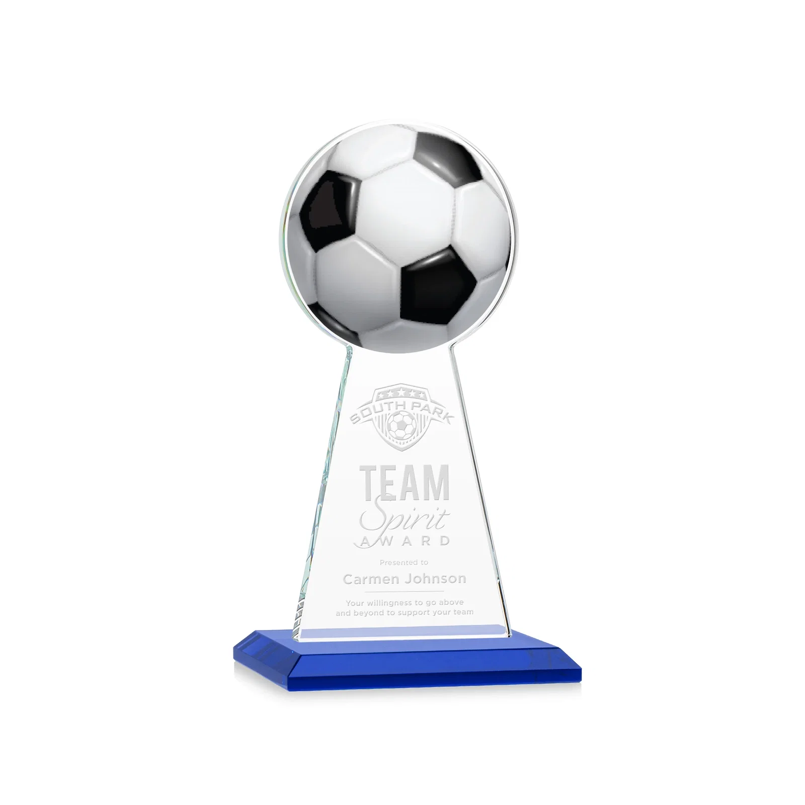 Personalized Starfire Crystal Award With Soccer Ball Peak for donor appreciation