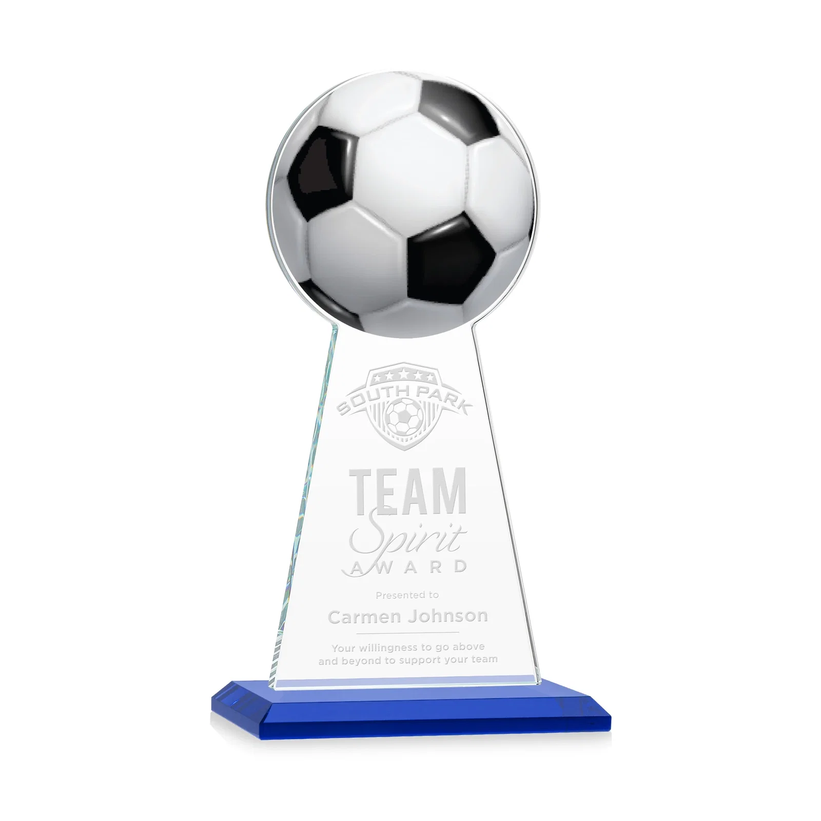 Personalized Starfire Crystal Award With Soccer Ball Peak for graduation ceremonies