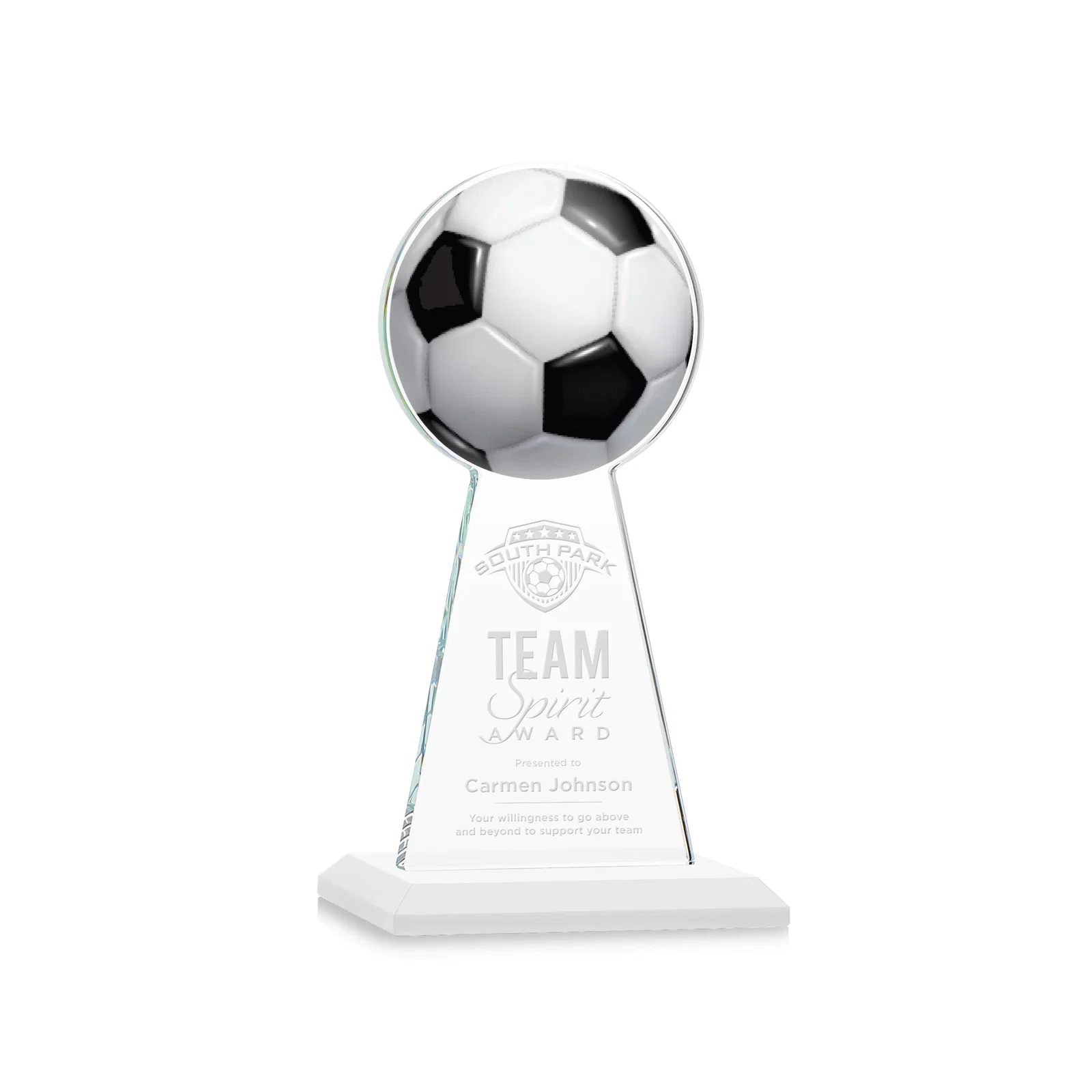 Promotional Starfire Crystal Award With Soccer Ball Peak for donor appreciation