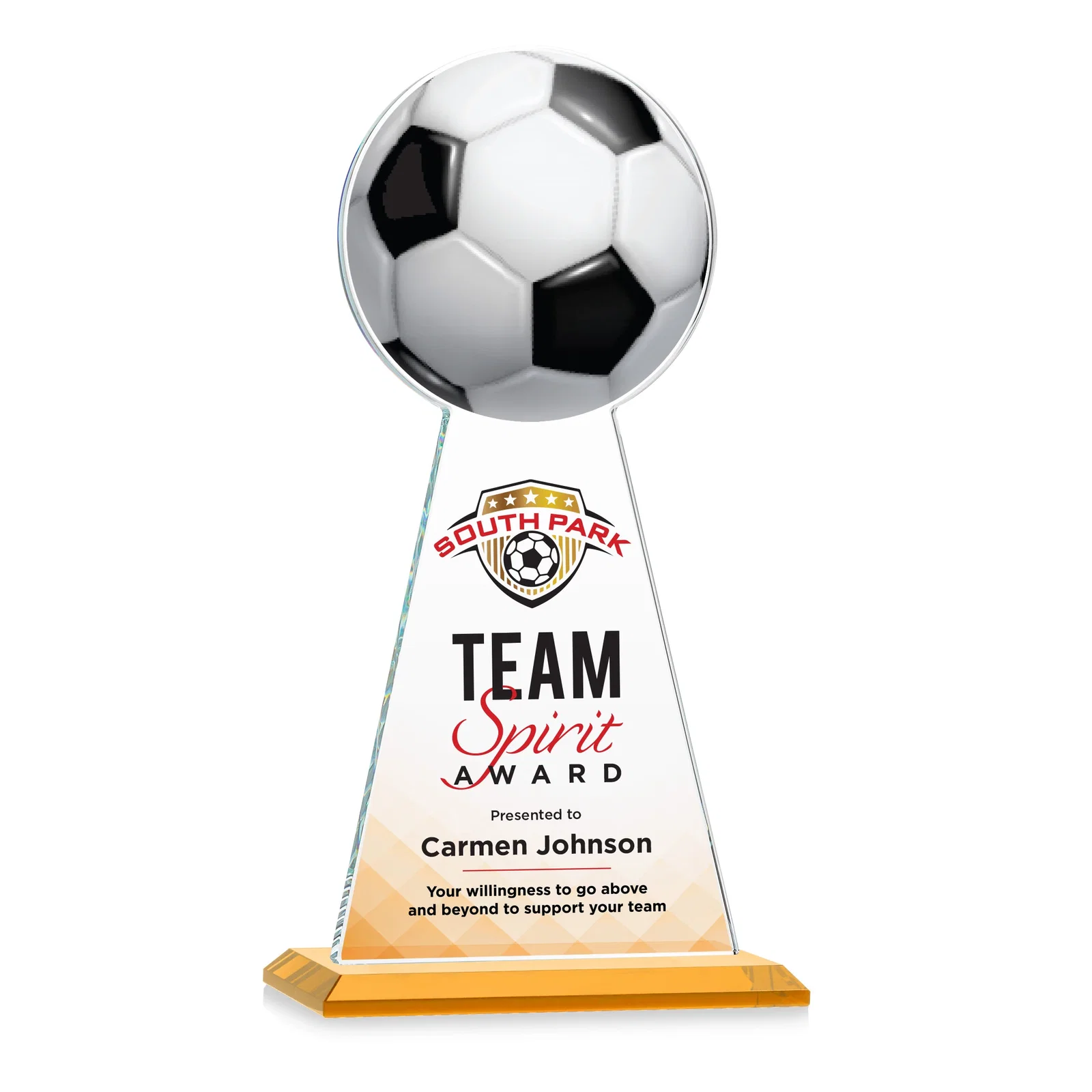 Branded Starfire Crystal Award With Soccer Ball Peak for employee recognition