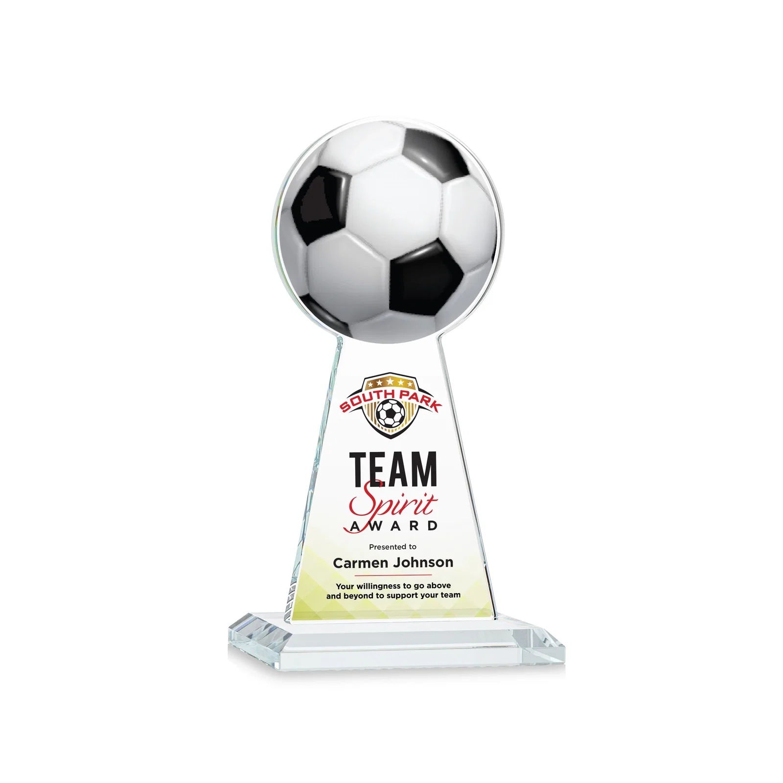 Branded Starfire Crystal Award With Soccer Ball Peak for service anniversary gifts