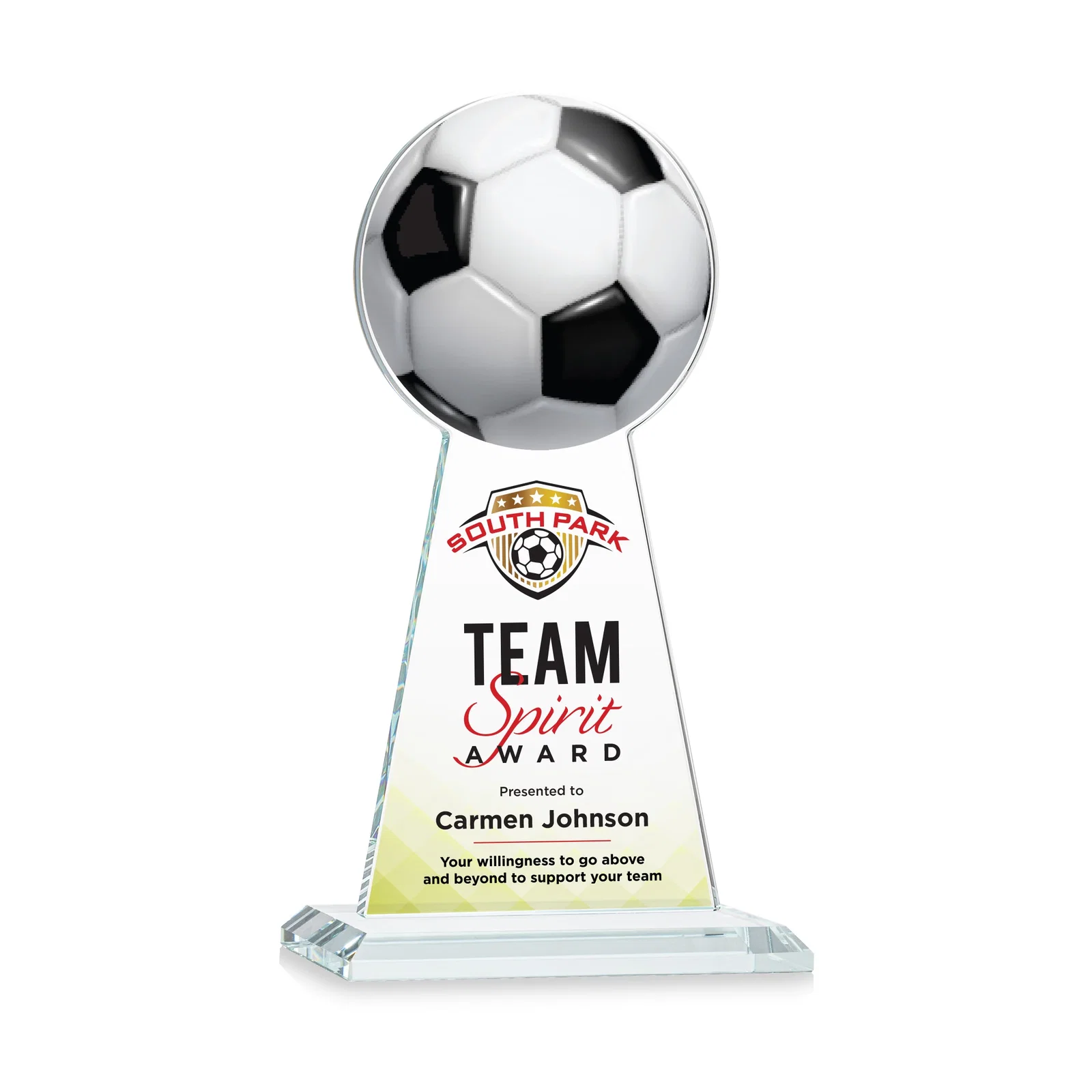 Branded Starfire Crystal Award With Soccer Ball Peak for sales achievement awards