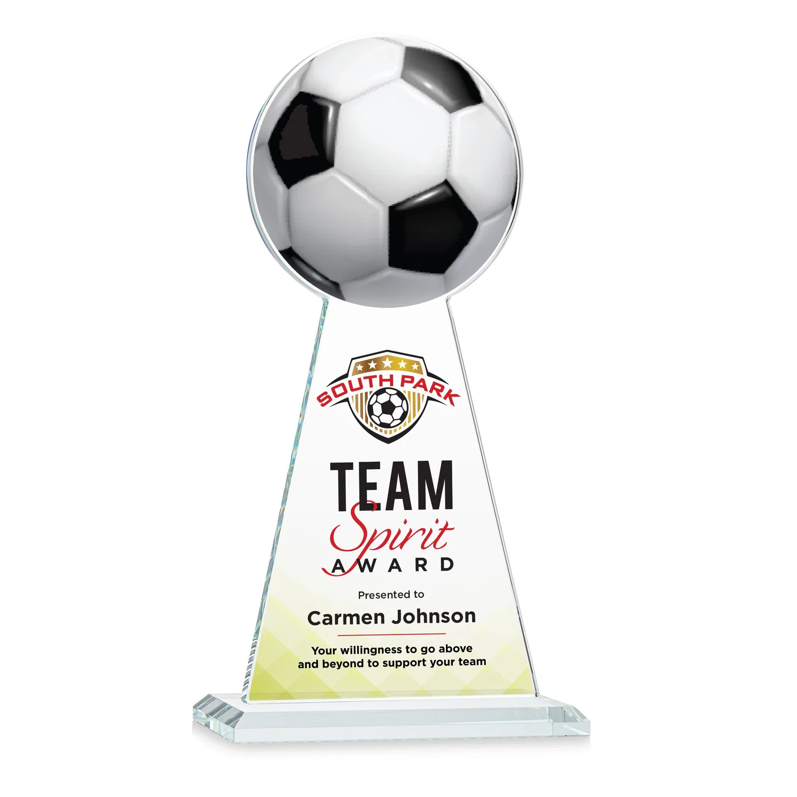 Branded Starfire Crystal Award With Soccer Ball Peak for retirement presentations