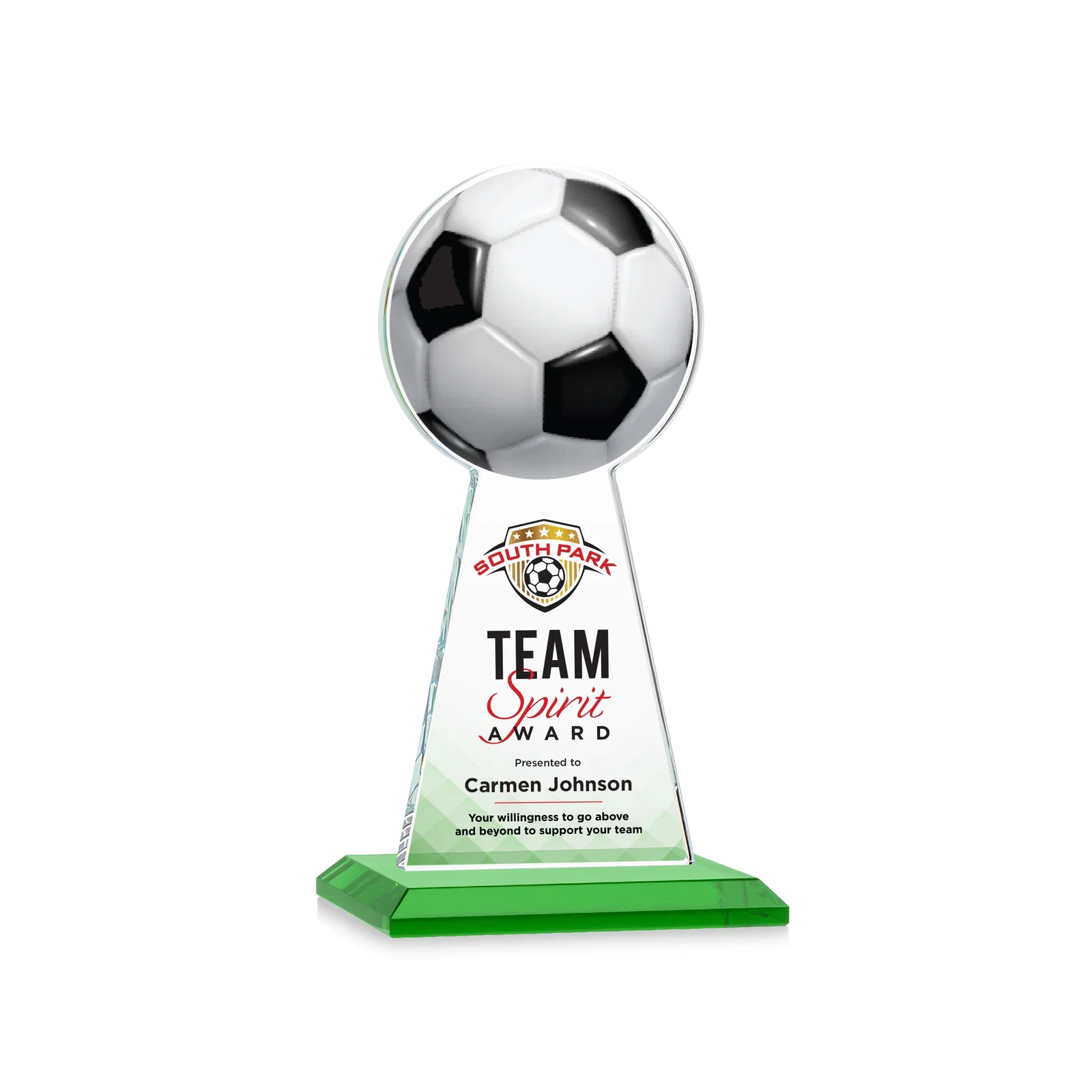 Branded Starfire Crystal Award With Soccer Ball Peak for donor appreciation