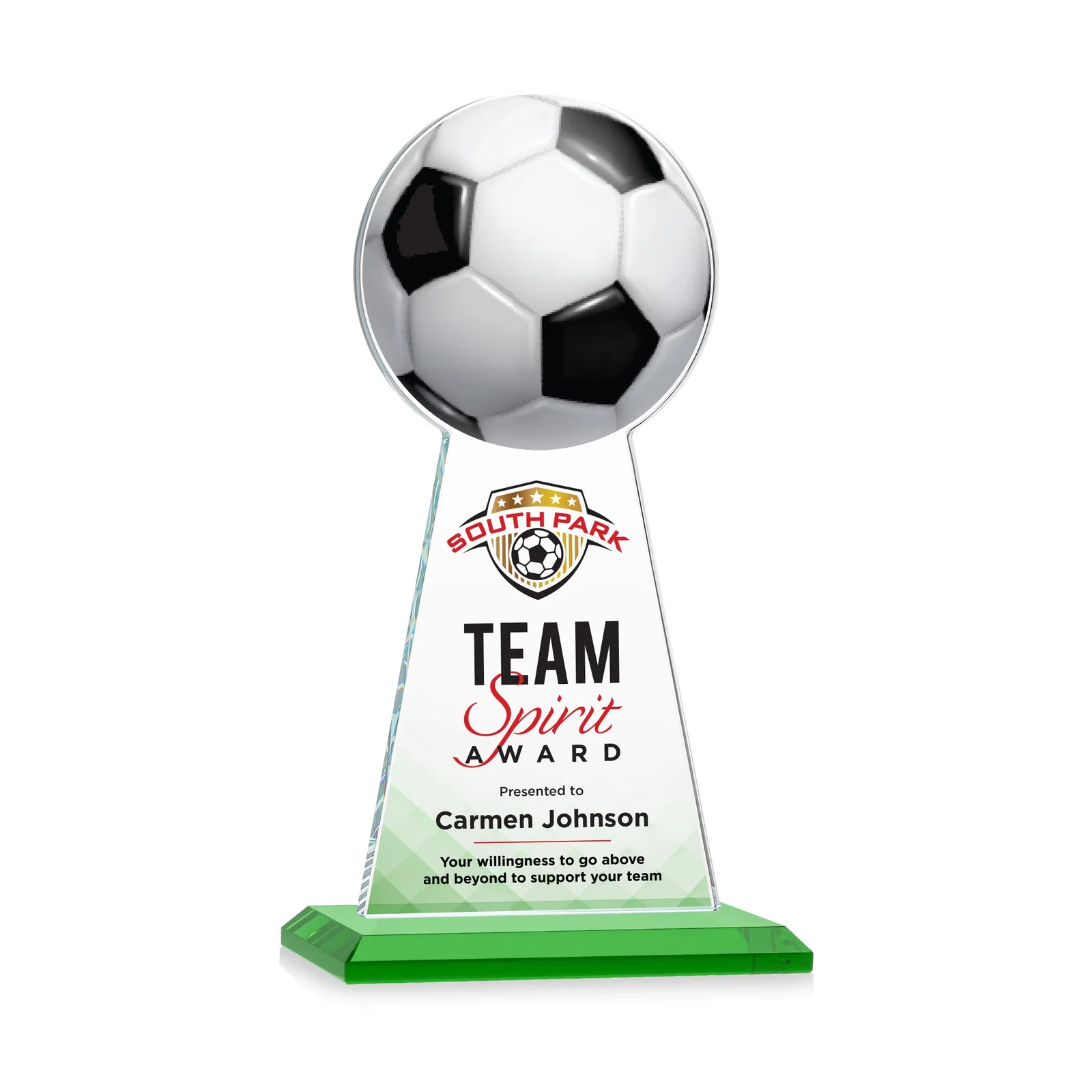 Branded Starfire Crystal Award With Soccer Ball Peak for graduation ceremonies