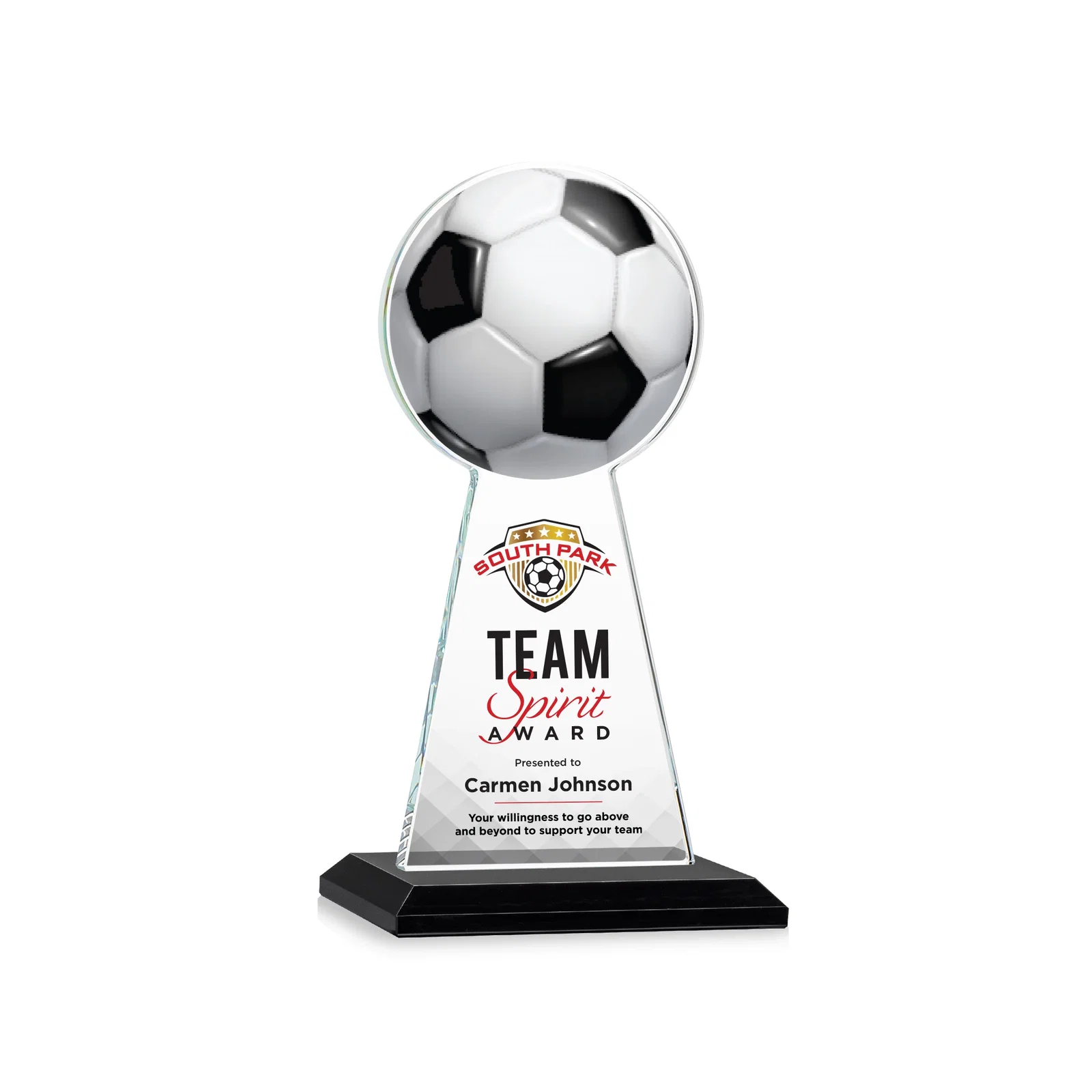 Branded Starfire Crystal Award With Soccer Ball Peak for dealer and partner awards