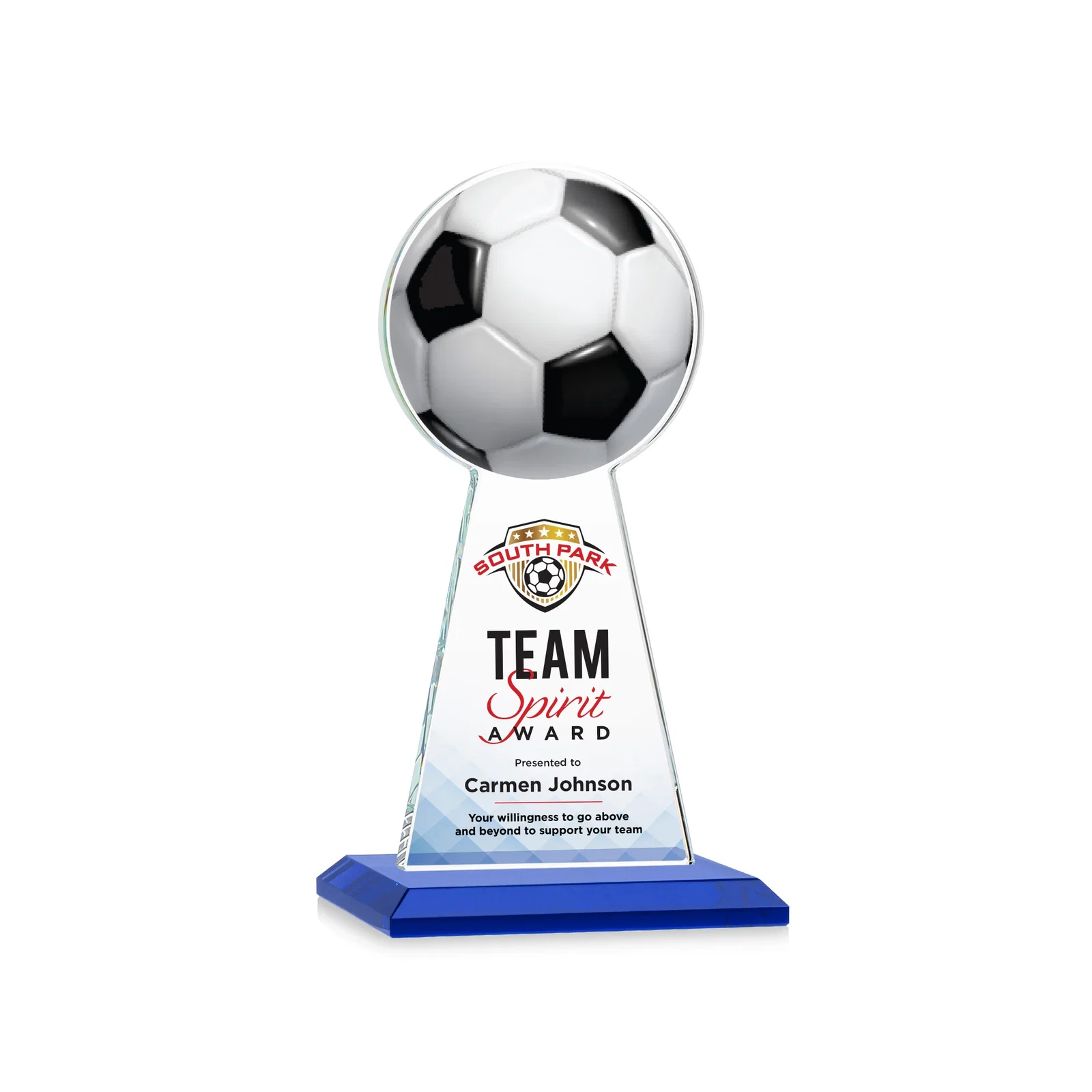 Custom printed Starfire Crystal Award With Soccer Ball Peak for service anniversary gifts