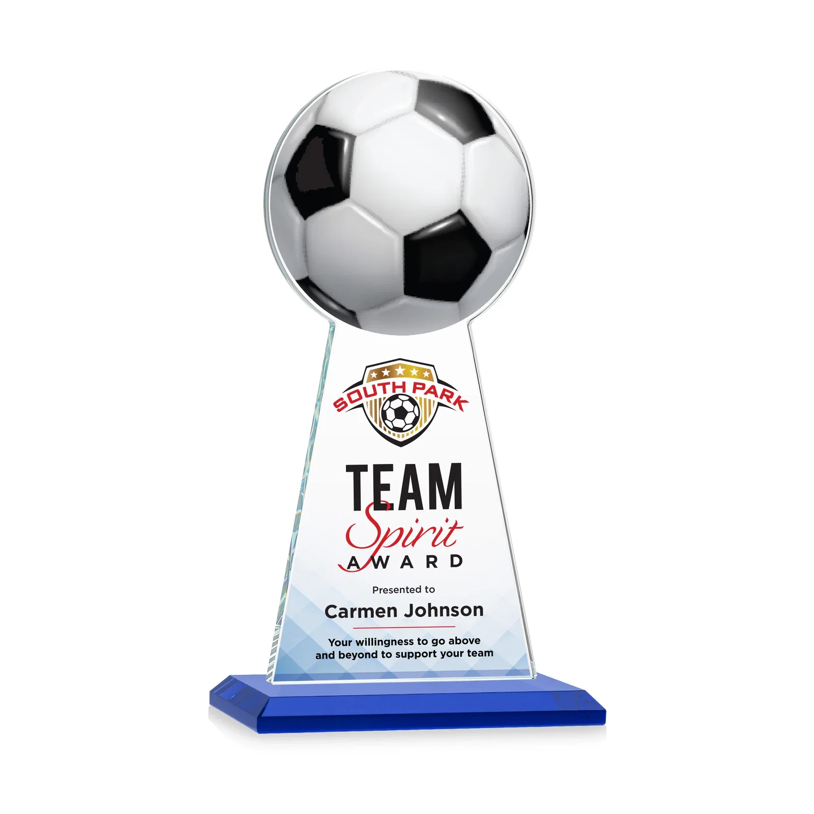 Custom printed Starfire Crystal Award With Soccer Ball Peak for sales achievement awards