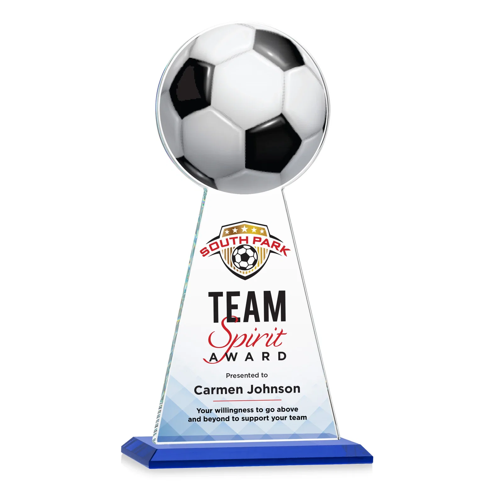 Custom printed Starfire Crystal Award With Soccer Ball Peak for retirement presentations