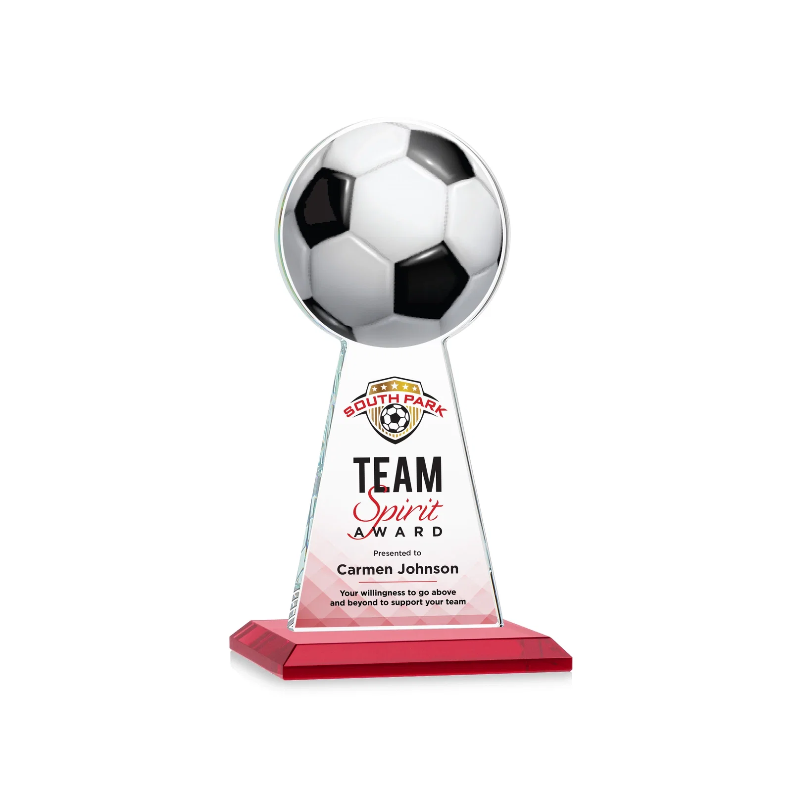 Custom printed Starfire Crystal Award With Soccer Ball Peak for donor appreciation