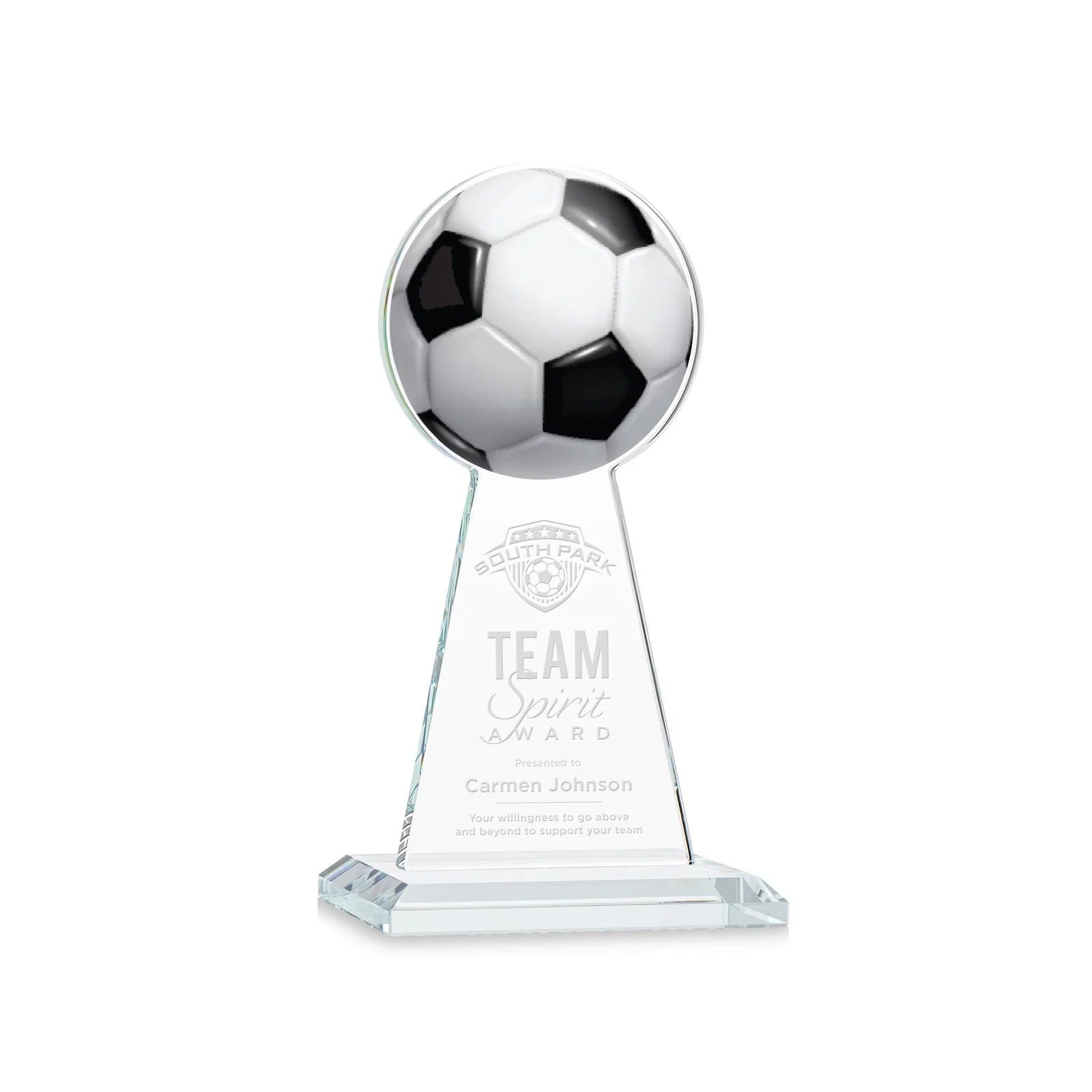 Custom Starfire Crystal Award With Soccer Ball Peak for donor appreciation