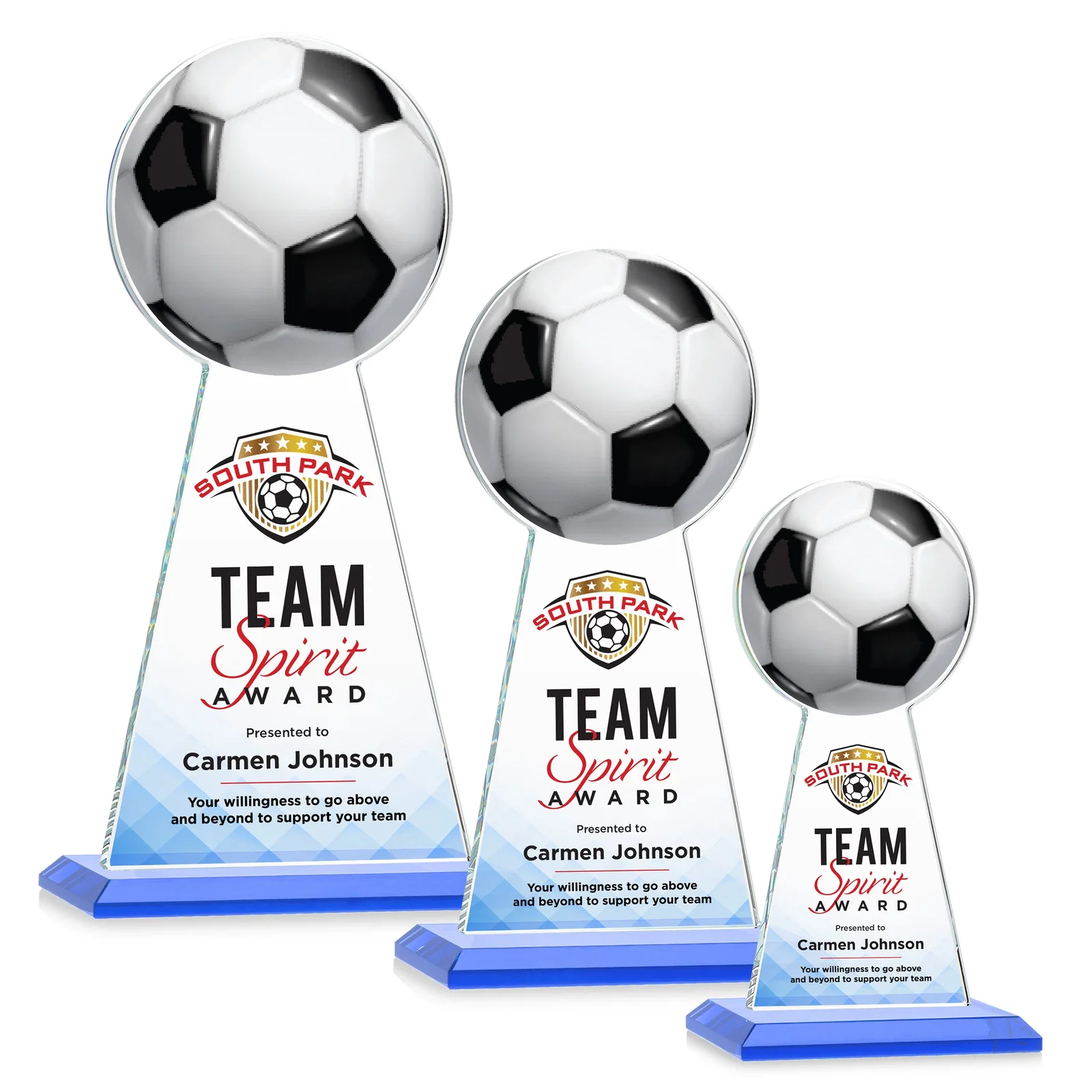 Custom printed Starfire Crystal Award With Soccer Ball Peak for volunteer appreciation