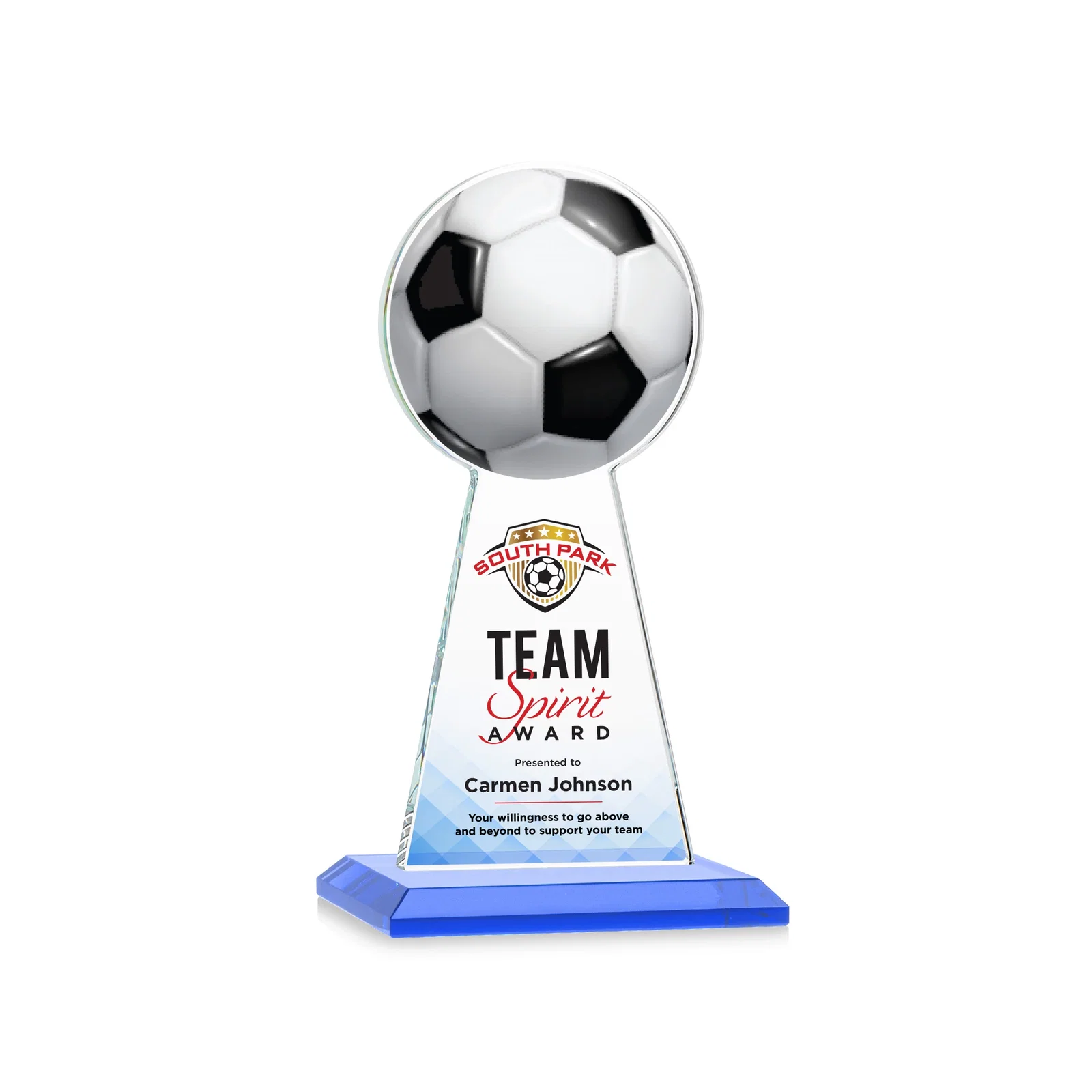 Custom printed Starfire Crystal Award With Soccer Ball Peak for dealer and partner awards