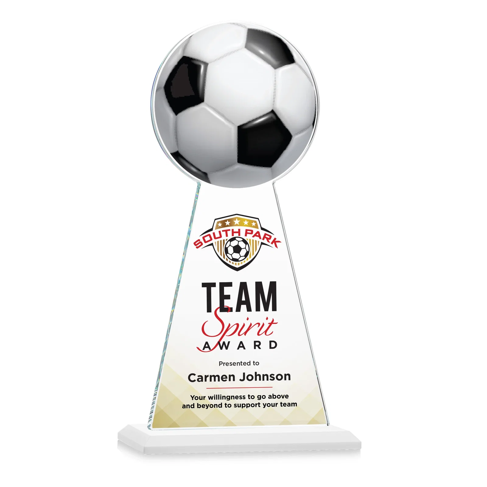 Customized Starfire Crystal Award With Soccer Ball Peak for retirement presentations