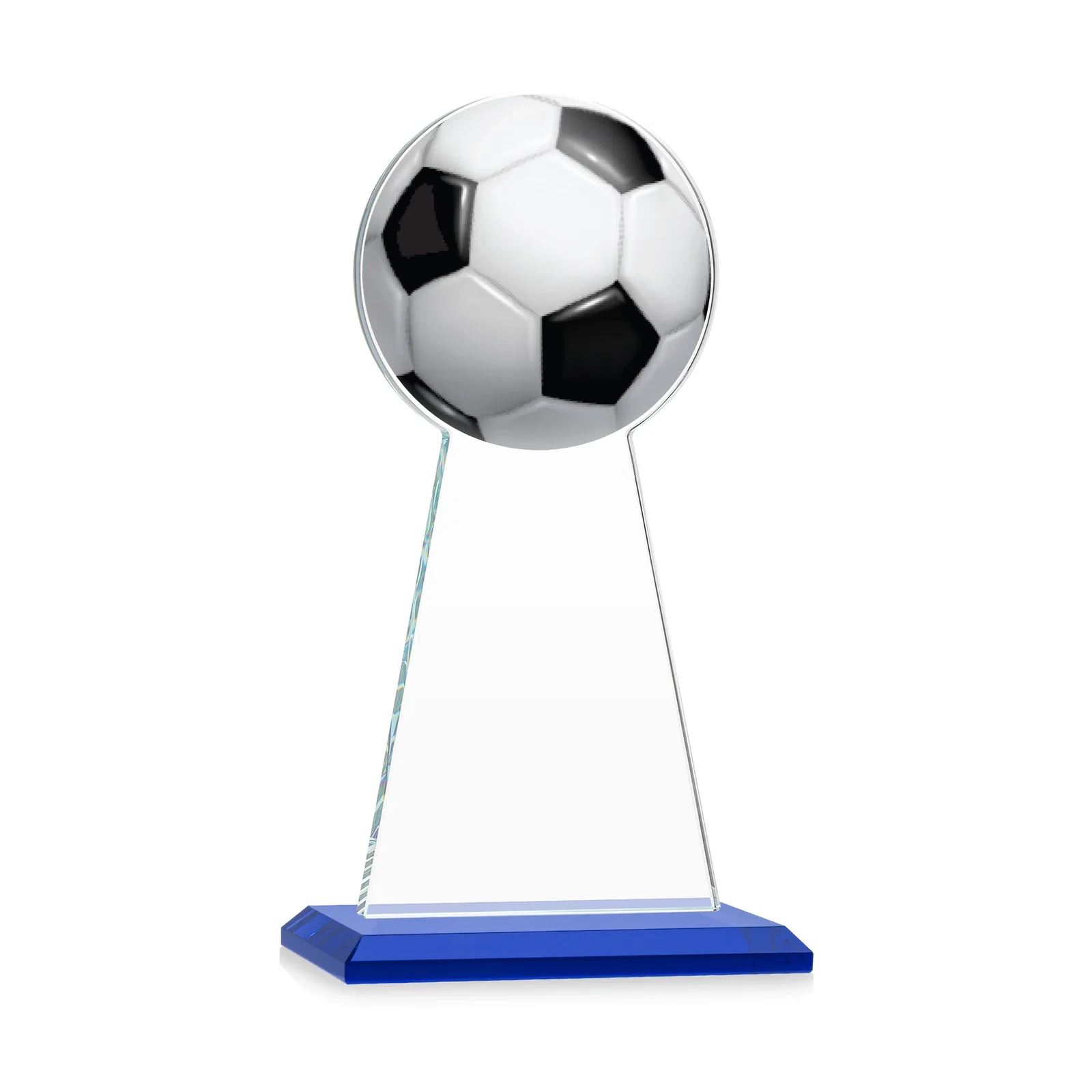 Custom engraved Starfire Crystal Award With Soccer Ball Peak for donor appreciation