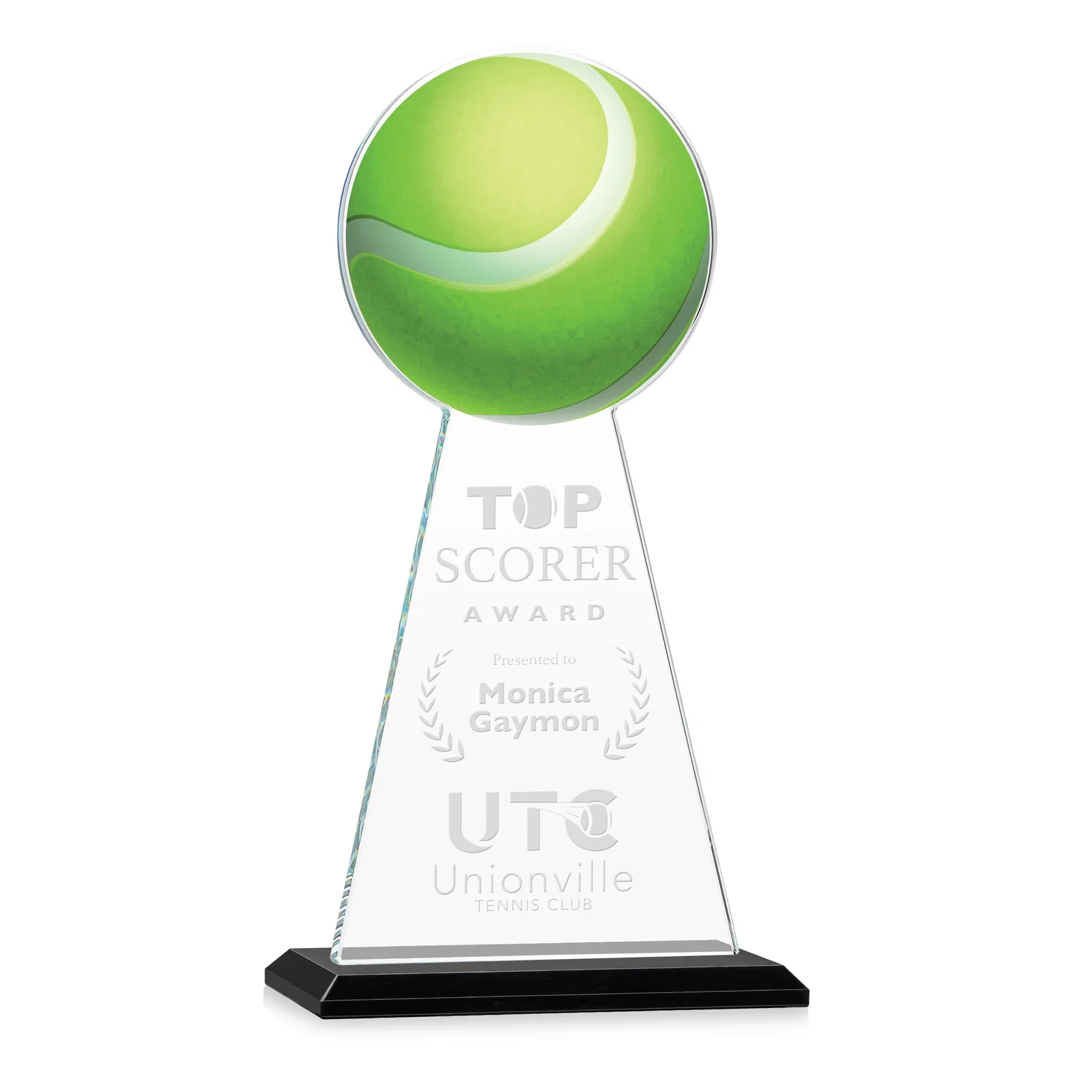 Personalized Starfire Crystal Award With Tennis Ball Peak for retirement presentations