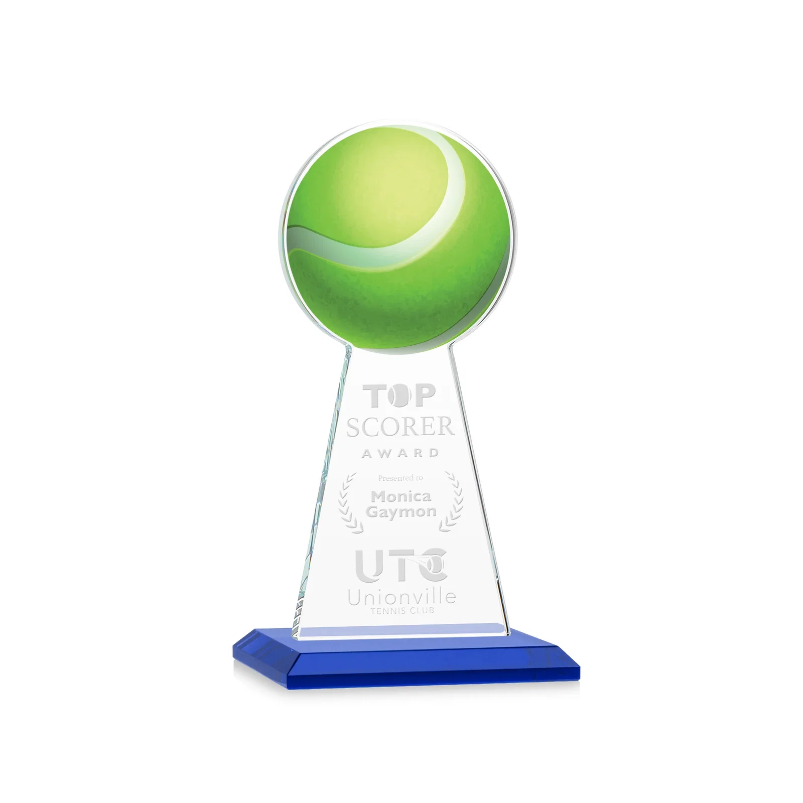 Personalized Starfire Crystal Award With Tennis Ball Peak for donor appreciation