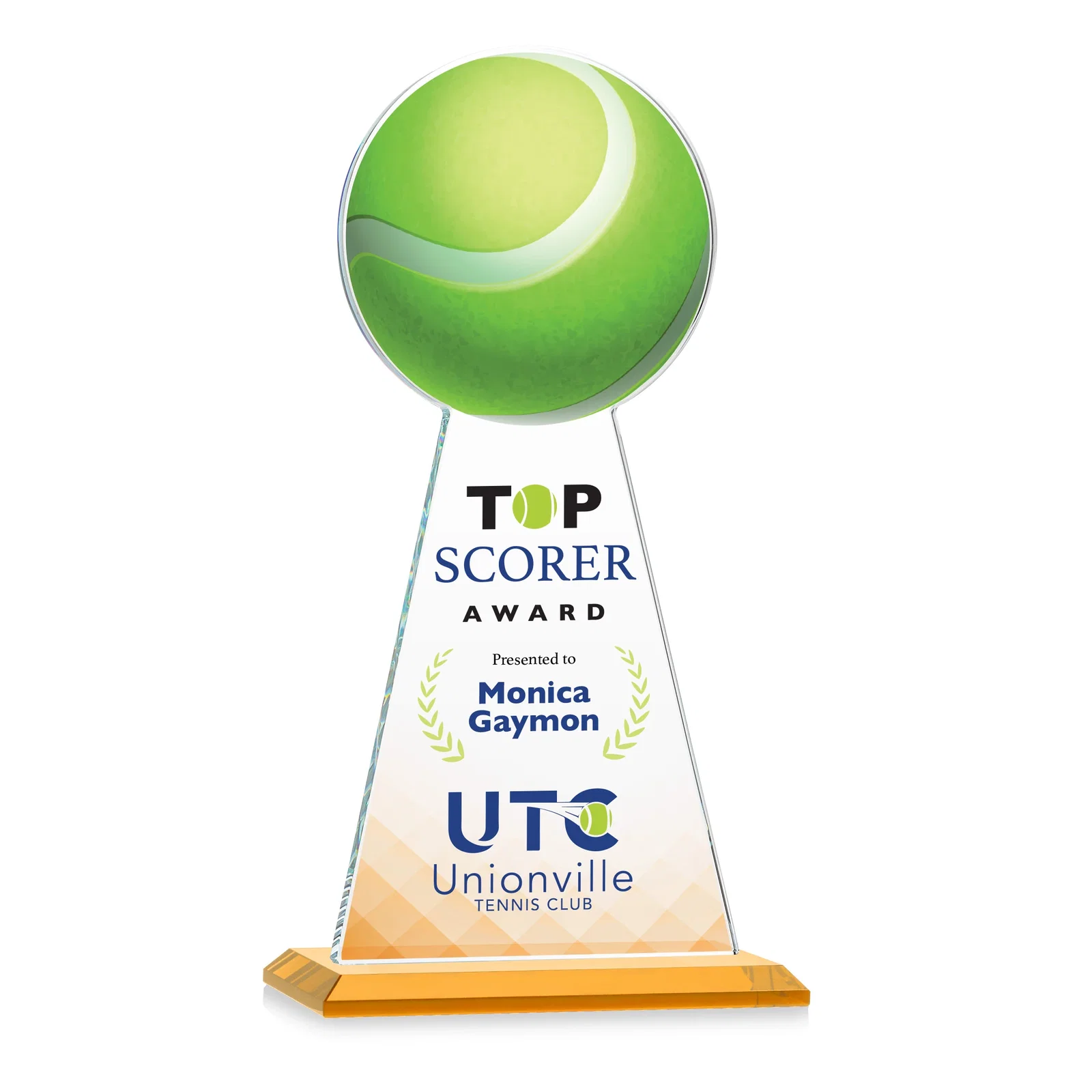 Branded Starfire Crystal Award With Tennis Ball Peak for employee recognition