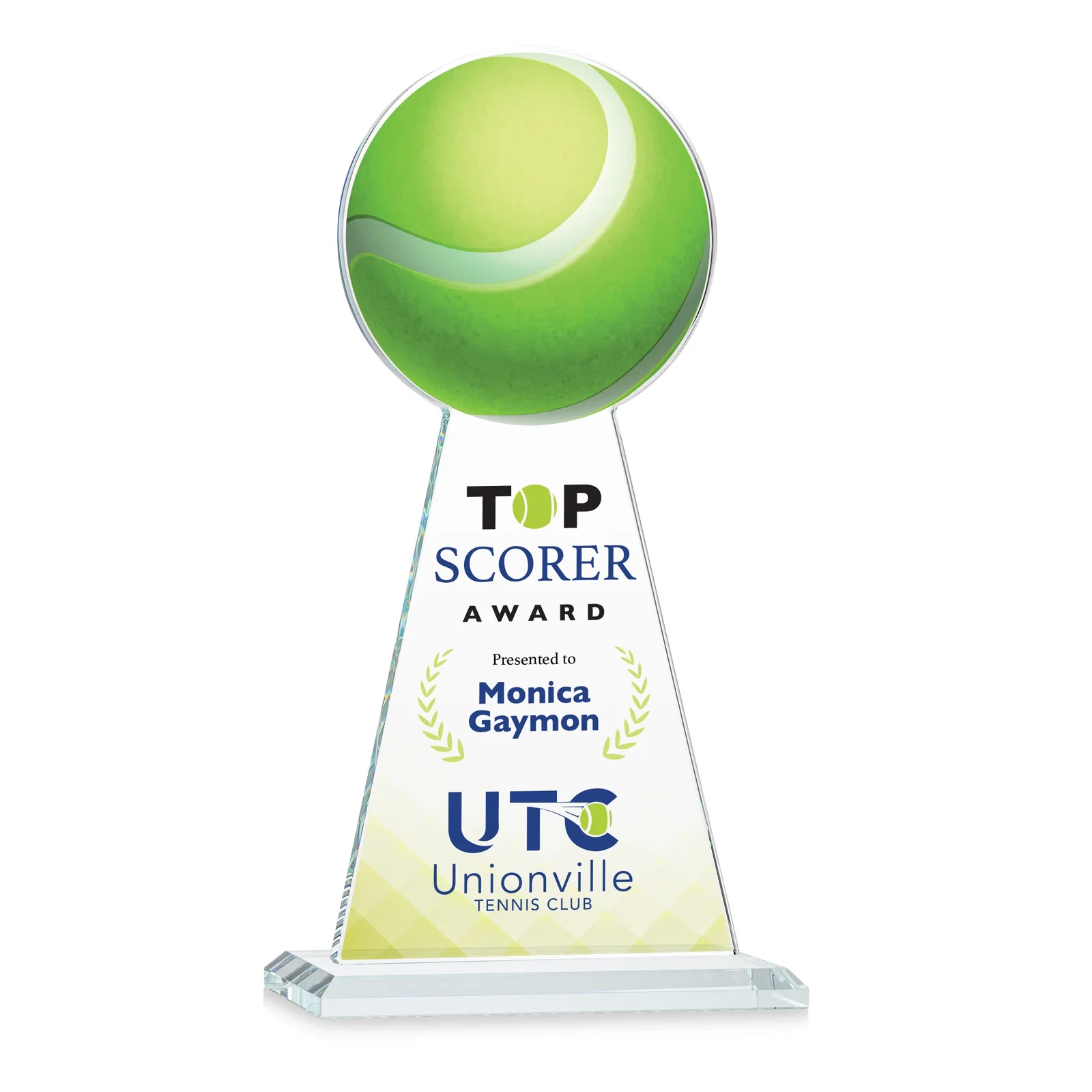 Branded Starfire Crystal Award With Tennis Ball Peak for retirement presentations
