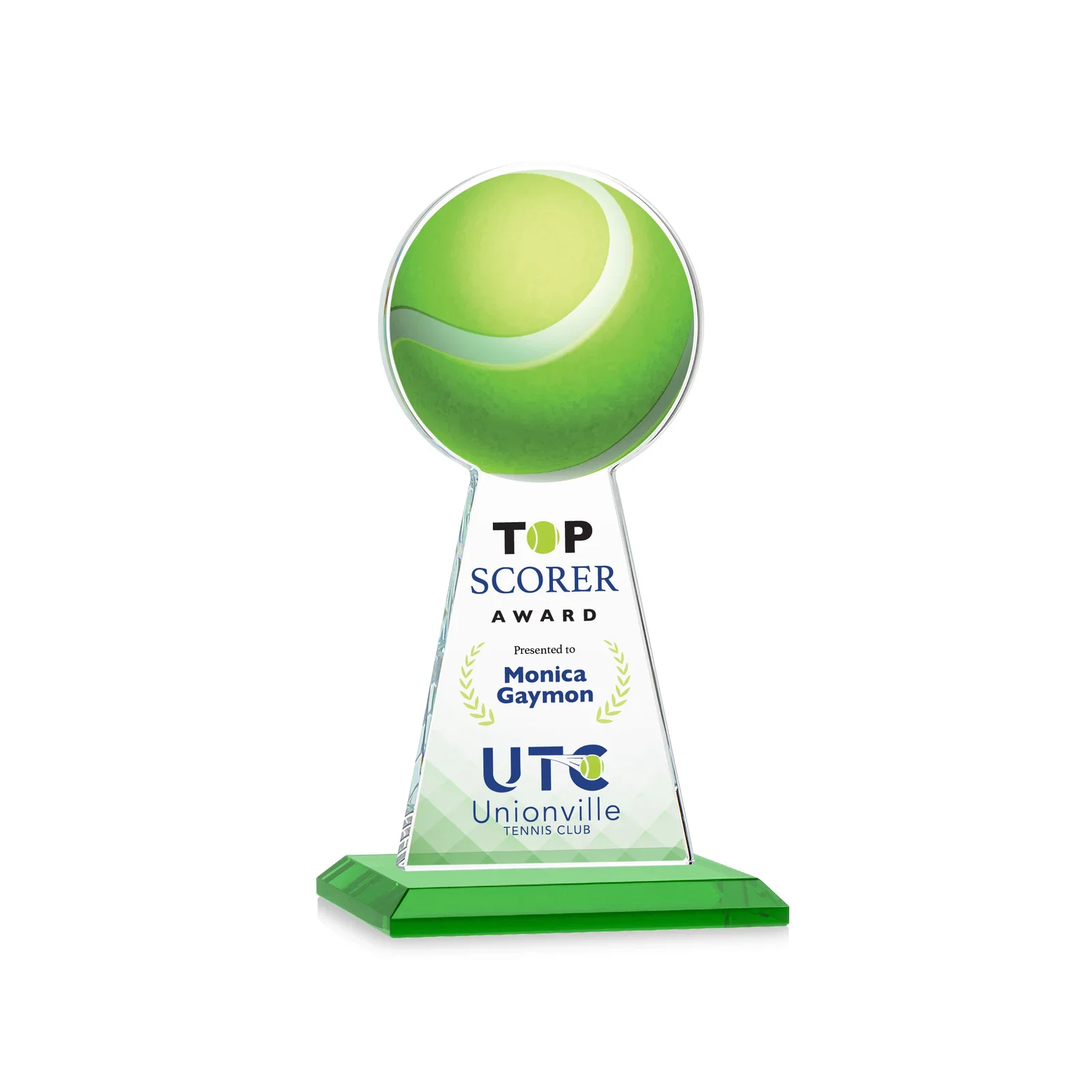 Branded Starfire Crystal Award With Tennis Ball Peak for donor appreciation