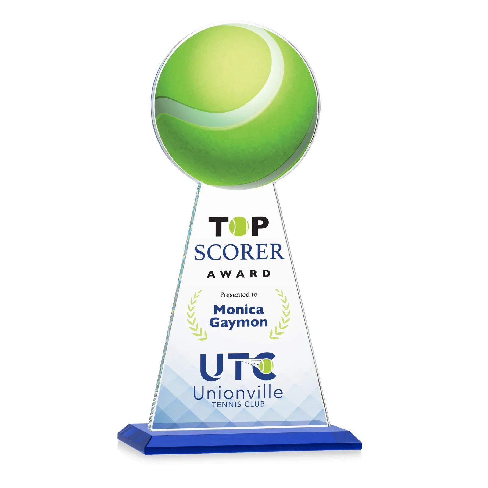 Custom printed Starfire Crystal Award With Tennis Ball Peak for retirement presentations