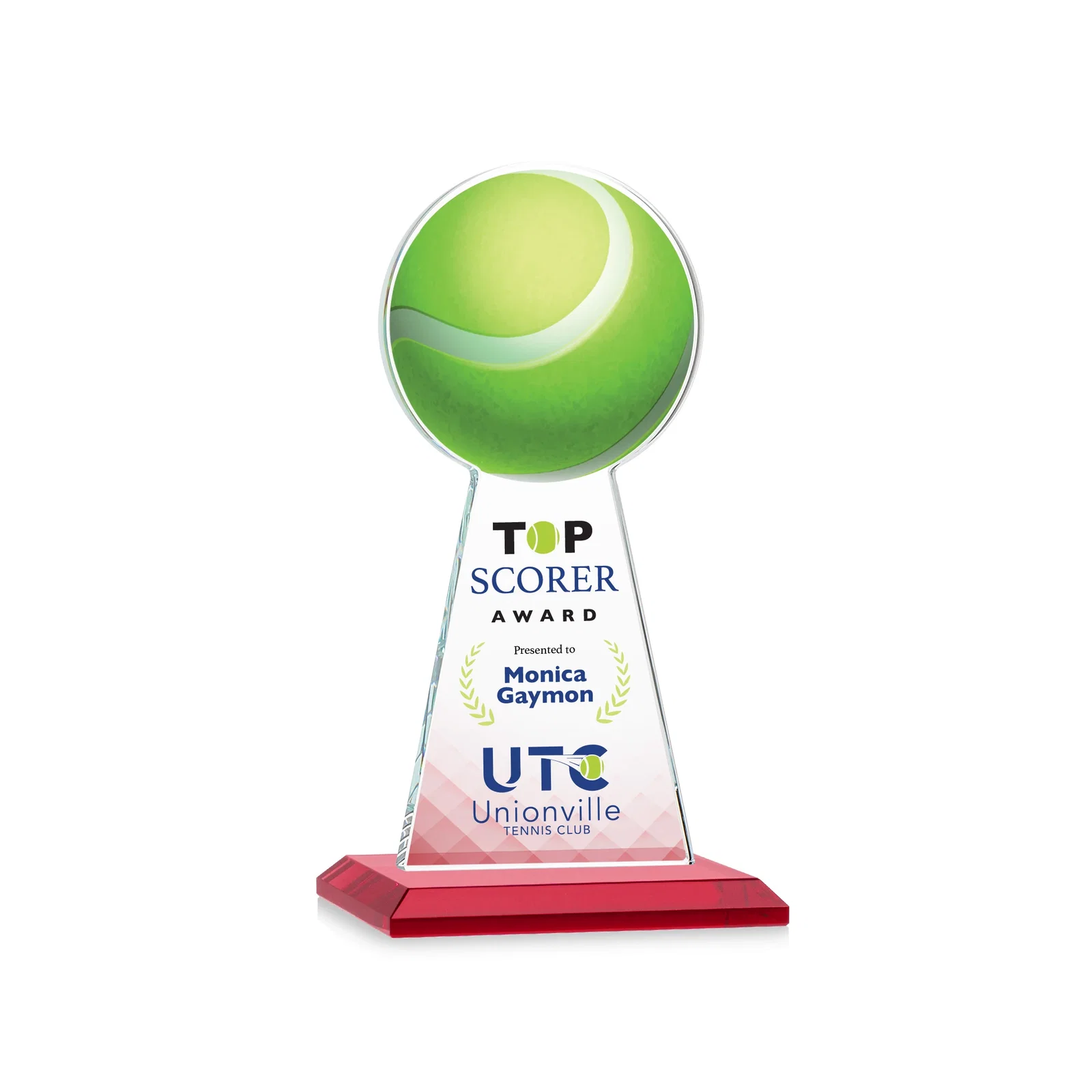 Custom printed Starfire Crystal Award With Tennis Ball Peak for donor appreciation